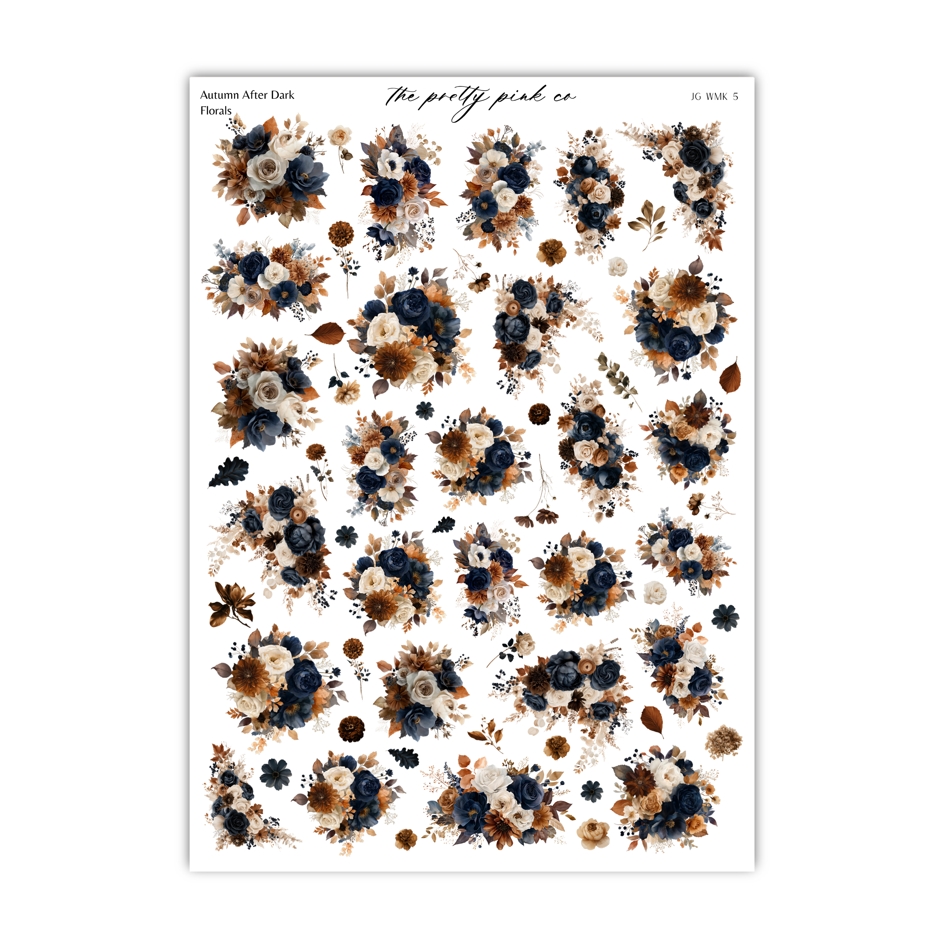 a collection of floral arrangements in various shades of brown, black, and white, along with some leaves and pine cones. The arrangement appears to be a collage or a series of individual images showcasing different floral designs.