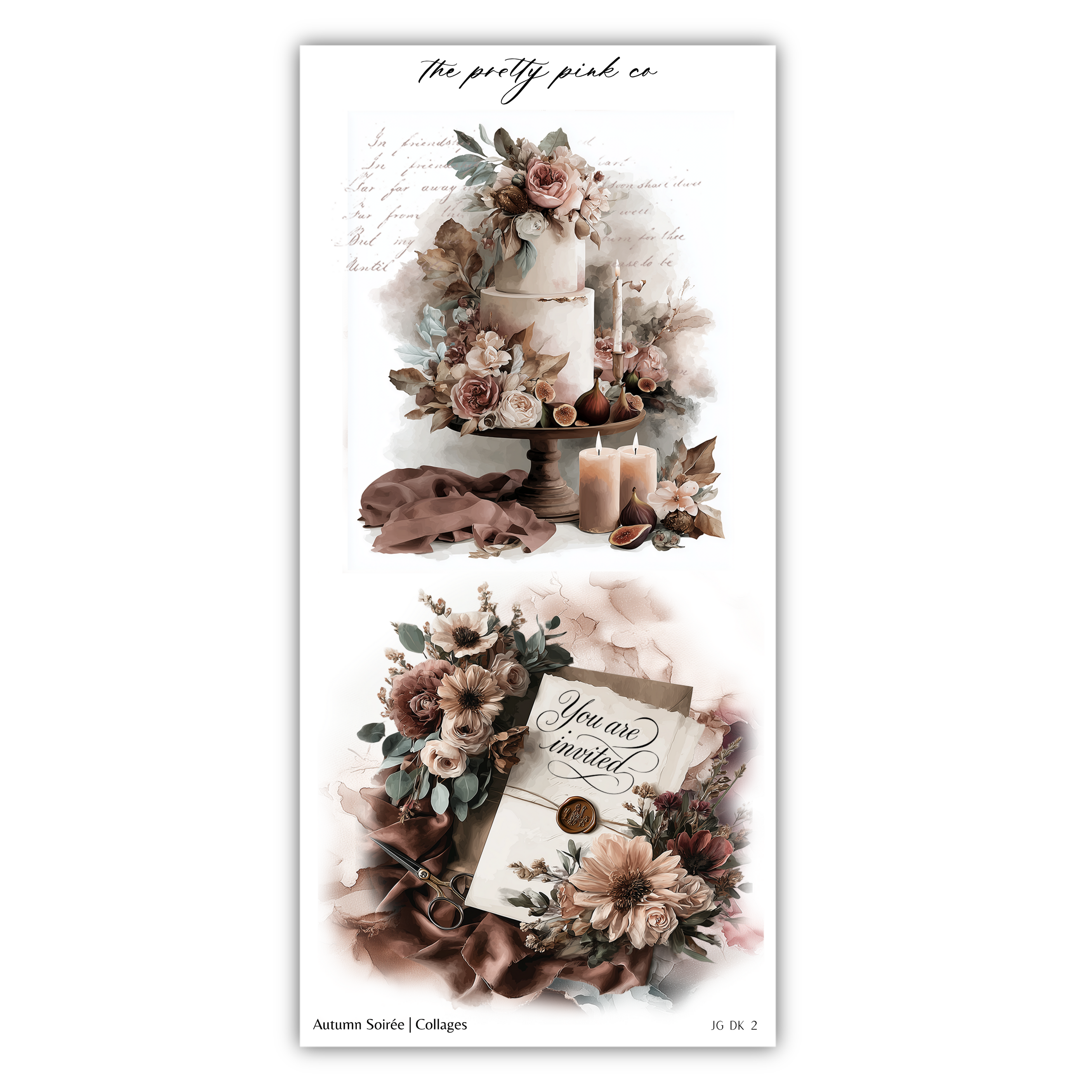 The image is a collage of two photographs featuring floral arrangements and a handwritten invitation.