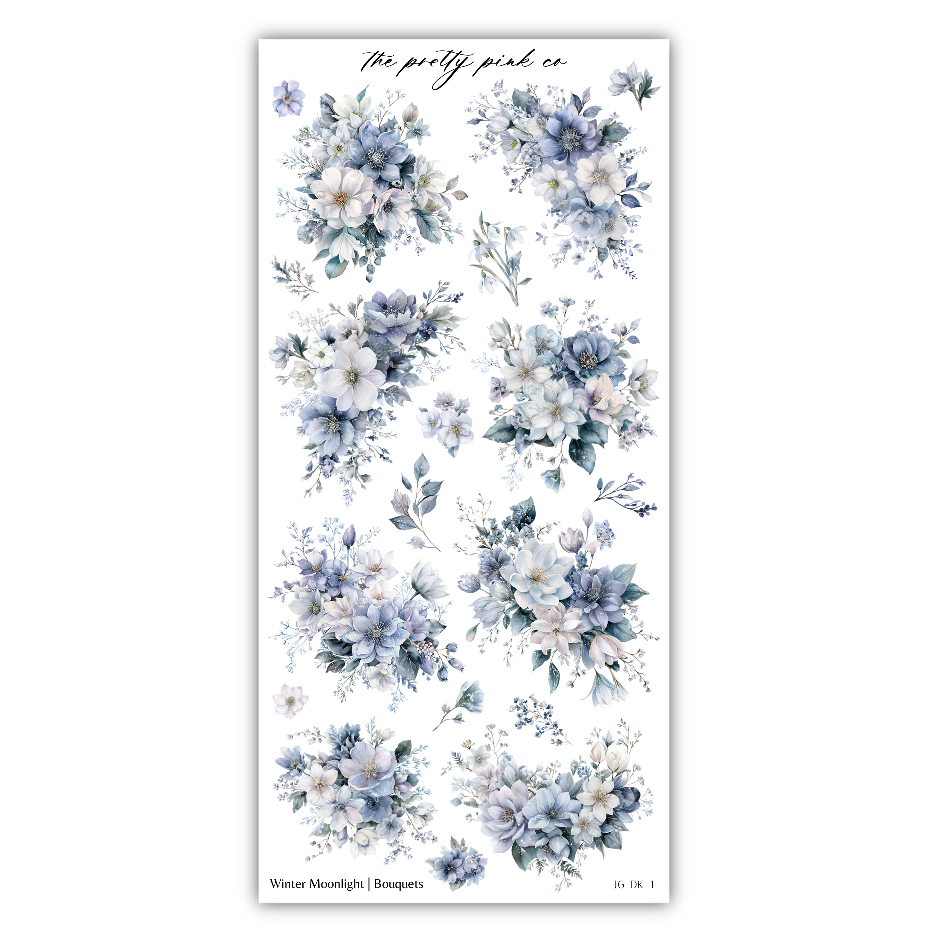 a collection of floral designs, including various types of flowers and leaves, arranged in a visually appealing manner. The designs are predominantly in shades of blue and white, creating a harmonious and elegant aesthetic. The image does not contain any text or additional objects, and the focus is solely on the floral arrangements.