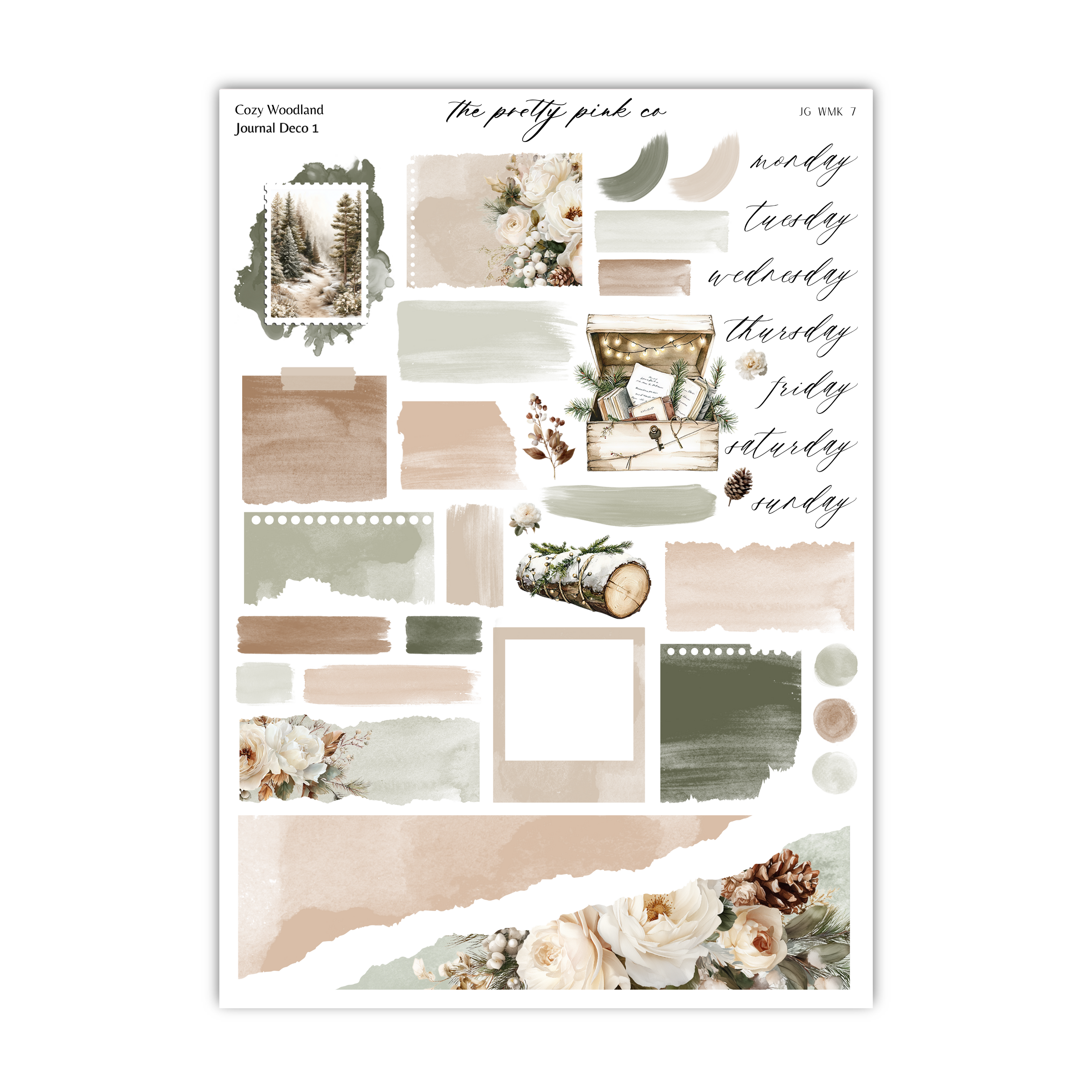 The image is a collage of various elements, including a forest scene, flowers, pine cones, and a log, arranged in a visually appealing manner.