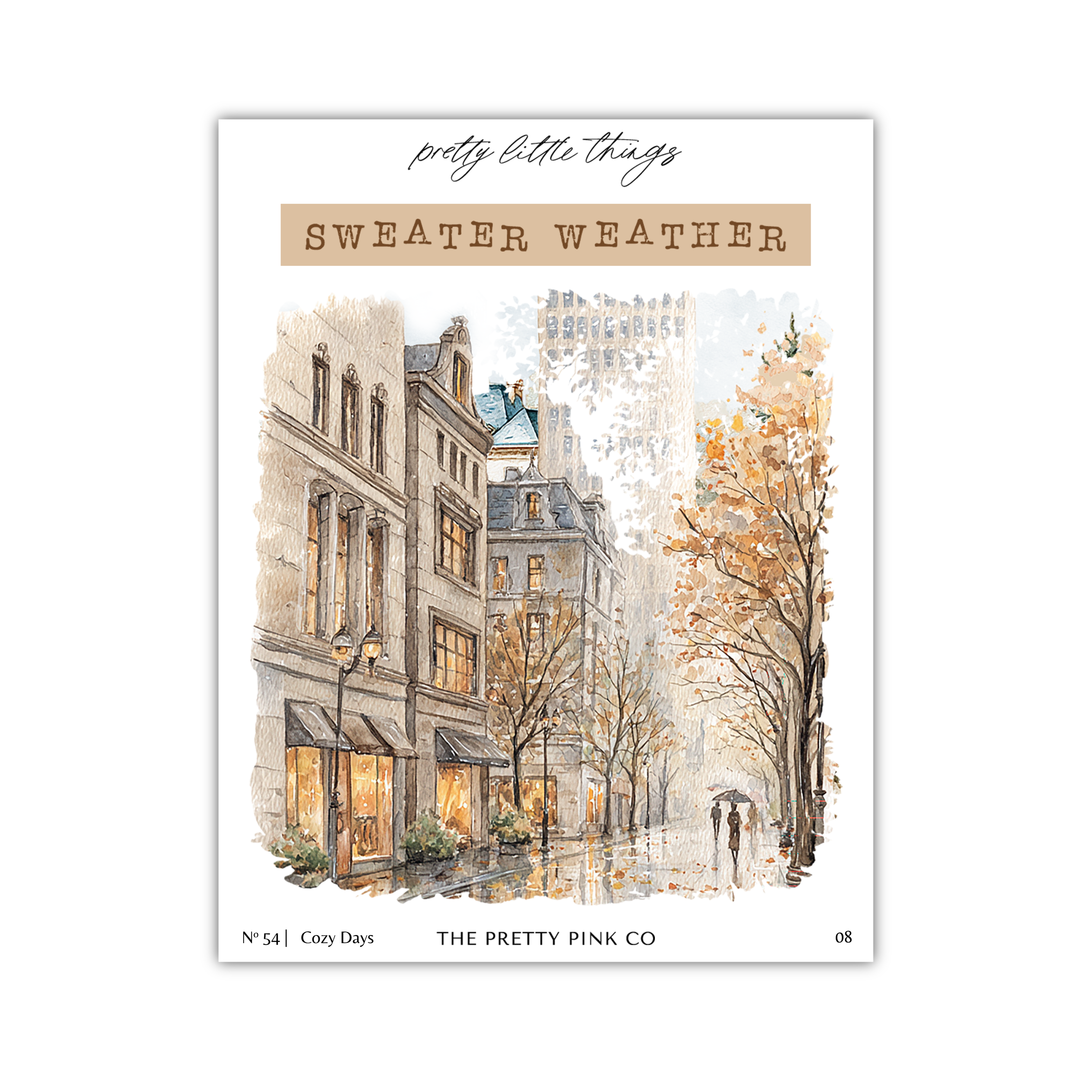The image is a cover of a book or magazine titled "Sweater Weather" featuring a street scene with buildings, trees, and people walking on the sidewalk.