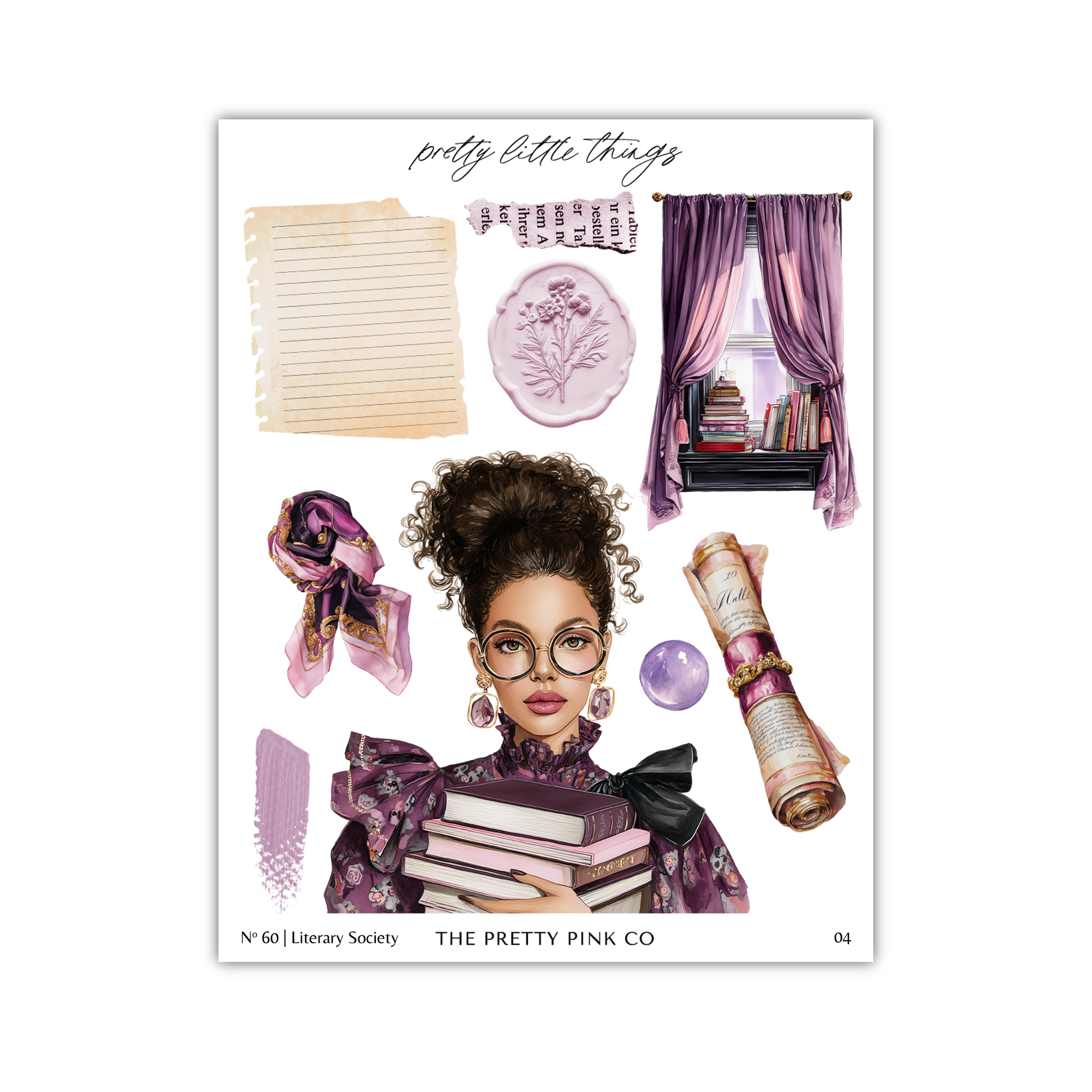 The image is a collage featuring a woman with curly hair, wearing glasses and holding a stack of books, surrounded by various objects such as a window, a flower, and a scroll.