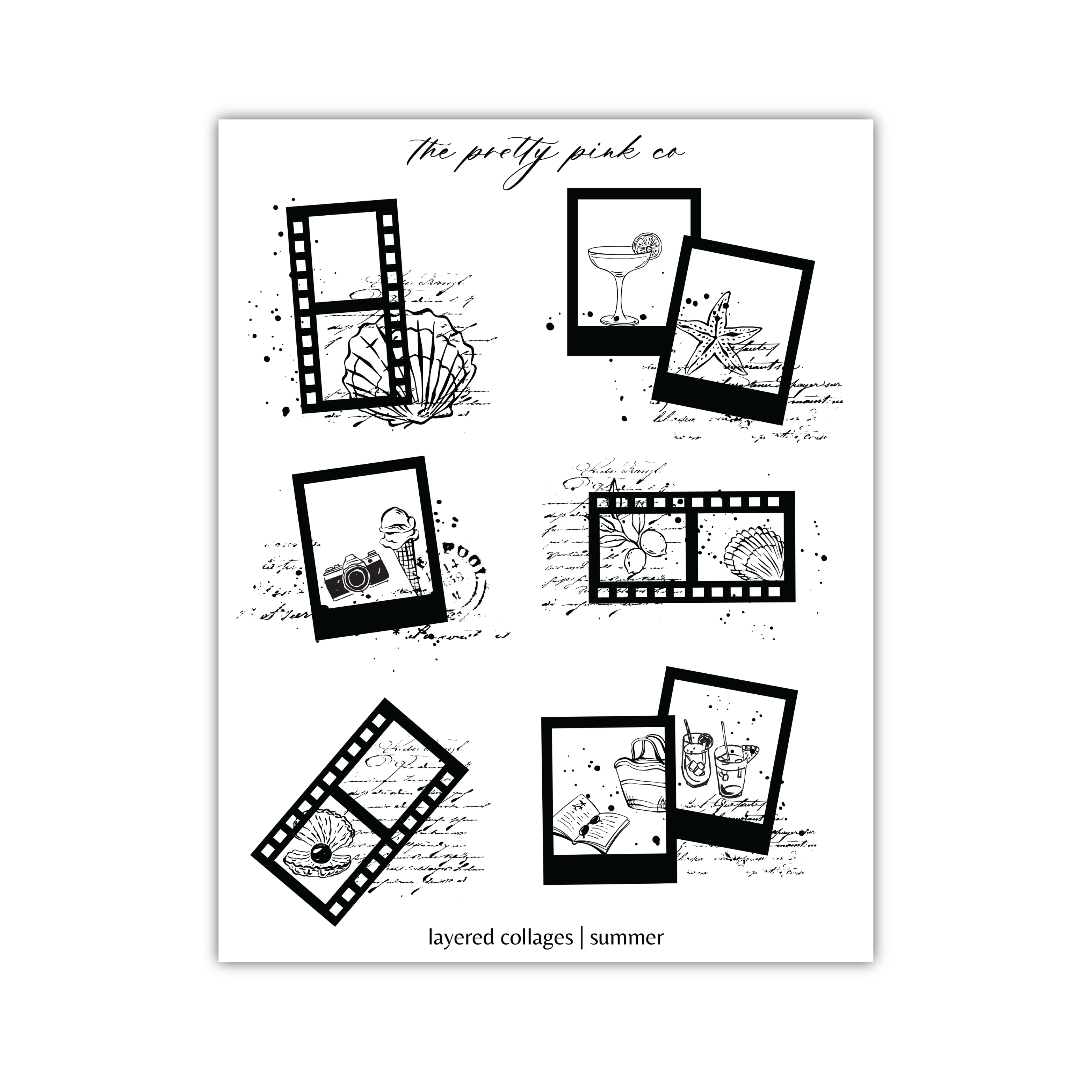 a collection of six black and white illustrations, each depicting various summer-themed elements such as seashells, cocktails, and film strips. The illustrations are arranged in a grid format, with each row containing three images. The text "The pretty pink co" is written above the illustrations, and "layered collages | summer" is written below the images.