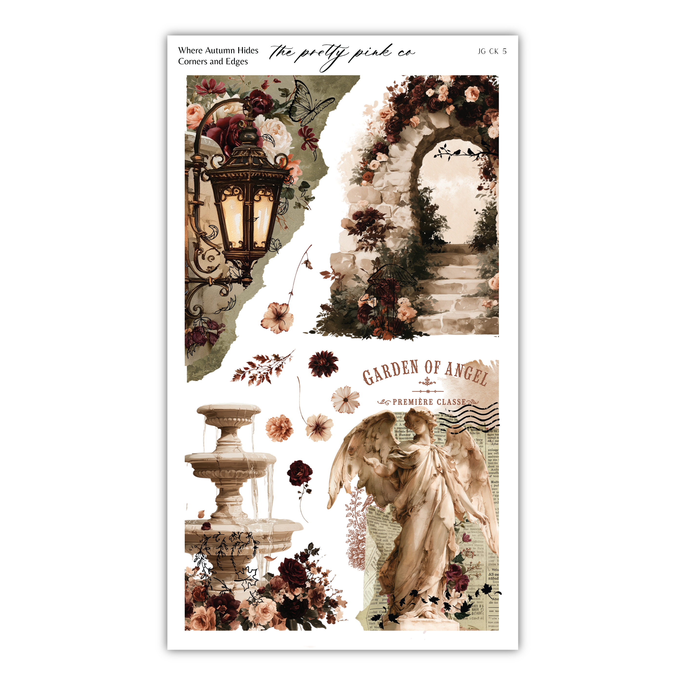 The image is a collage of various artistic elements, including a lantern, a stone fountain, a statue of an angel, and floral decorations.