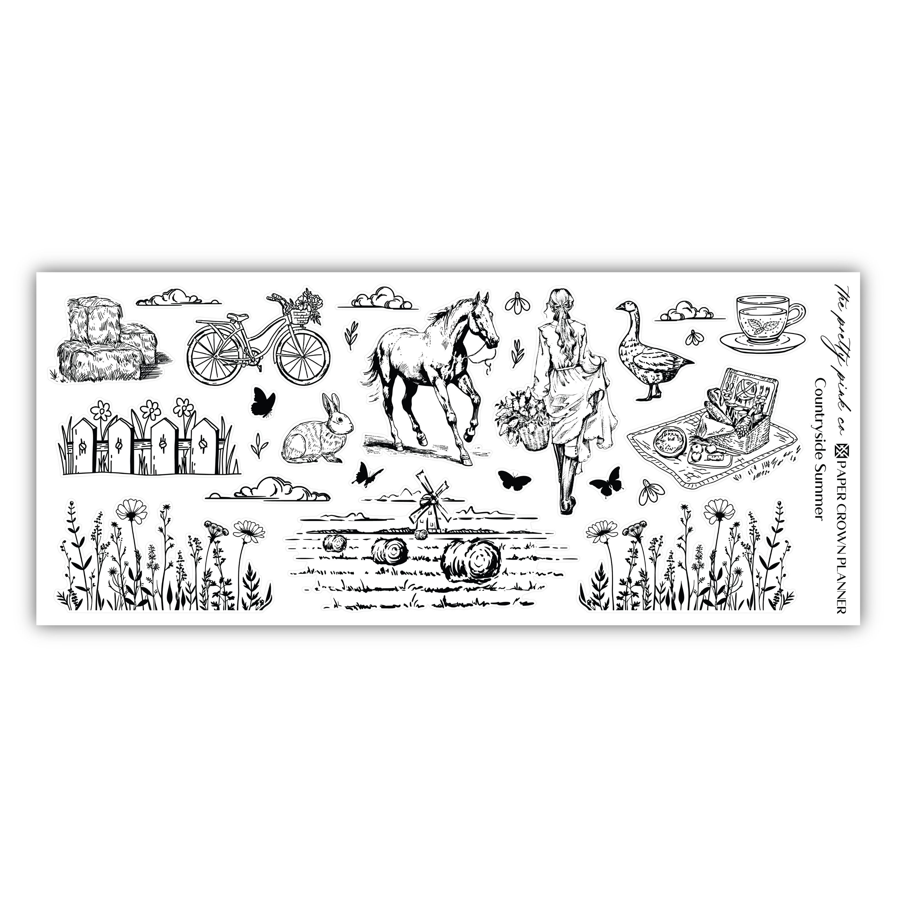 a black and white drawing of a farm scene