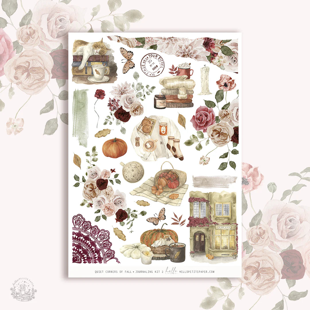The image is a collage of various autumn-themed items, including flowers, pumpkins, and other seasonal objects, all set against a floral background.