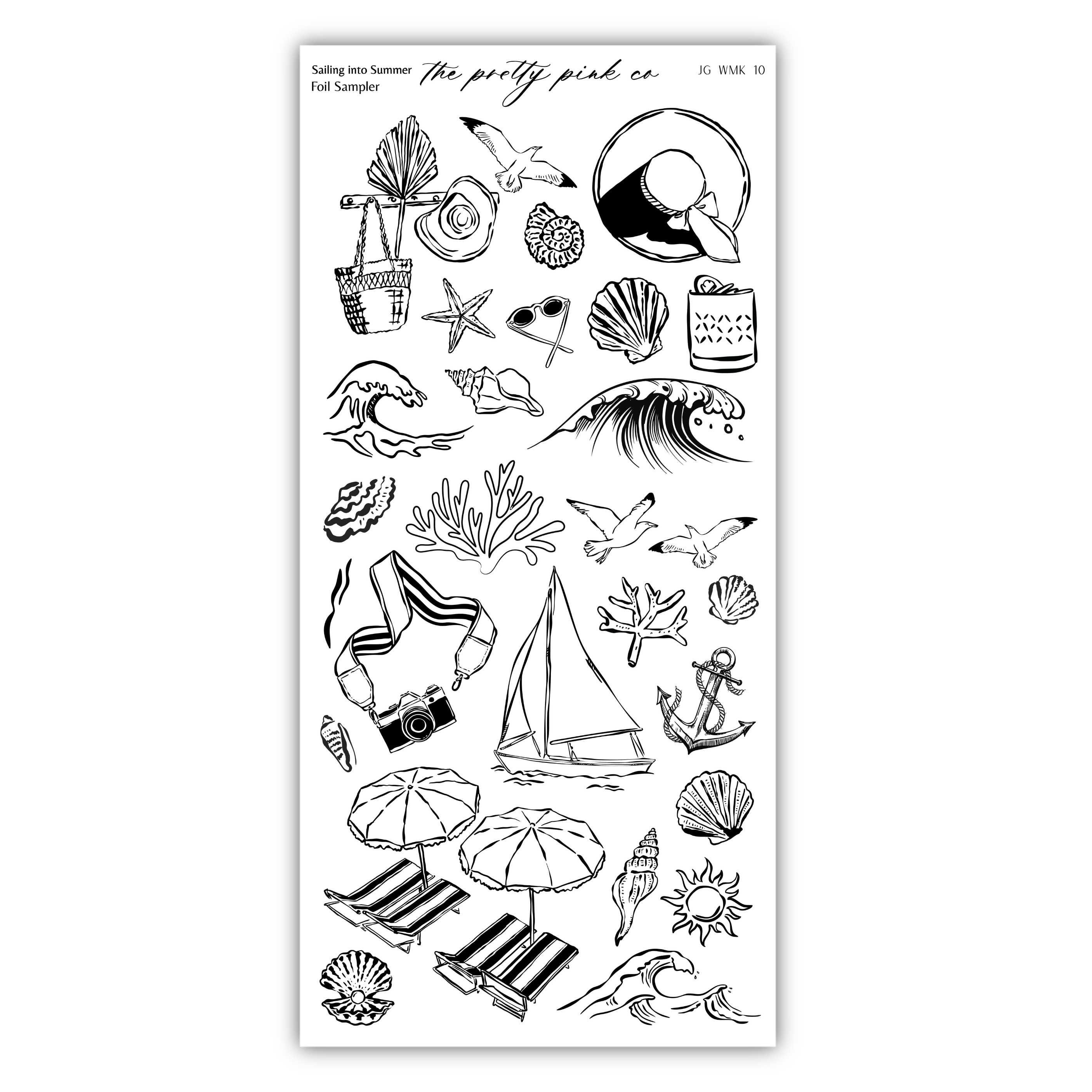various black and white illustrations of summer-themed objects and activities, such as a sailboat, umbrella, seashells, and waves.