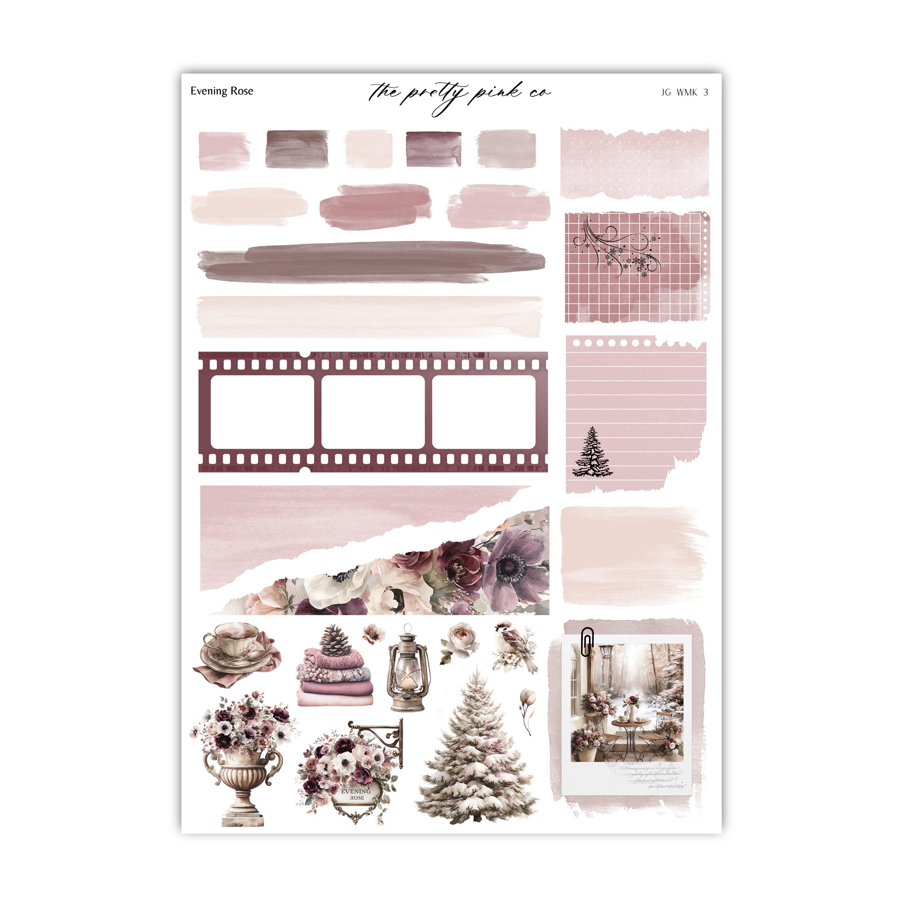 various decorative elements and patterns, including a film strip, a Christmas tree, flowers, and other festive or artistic elements.