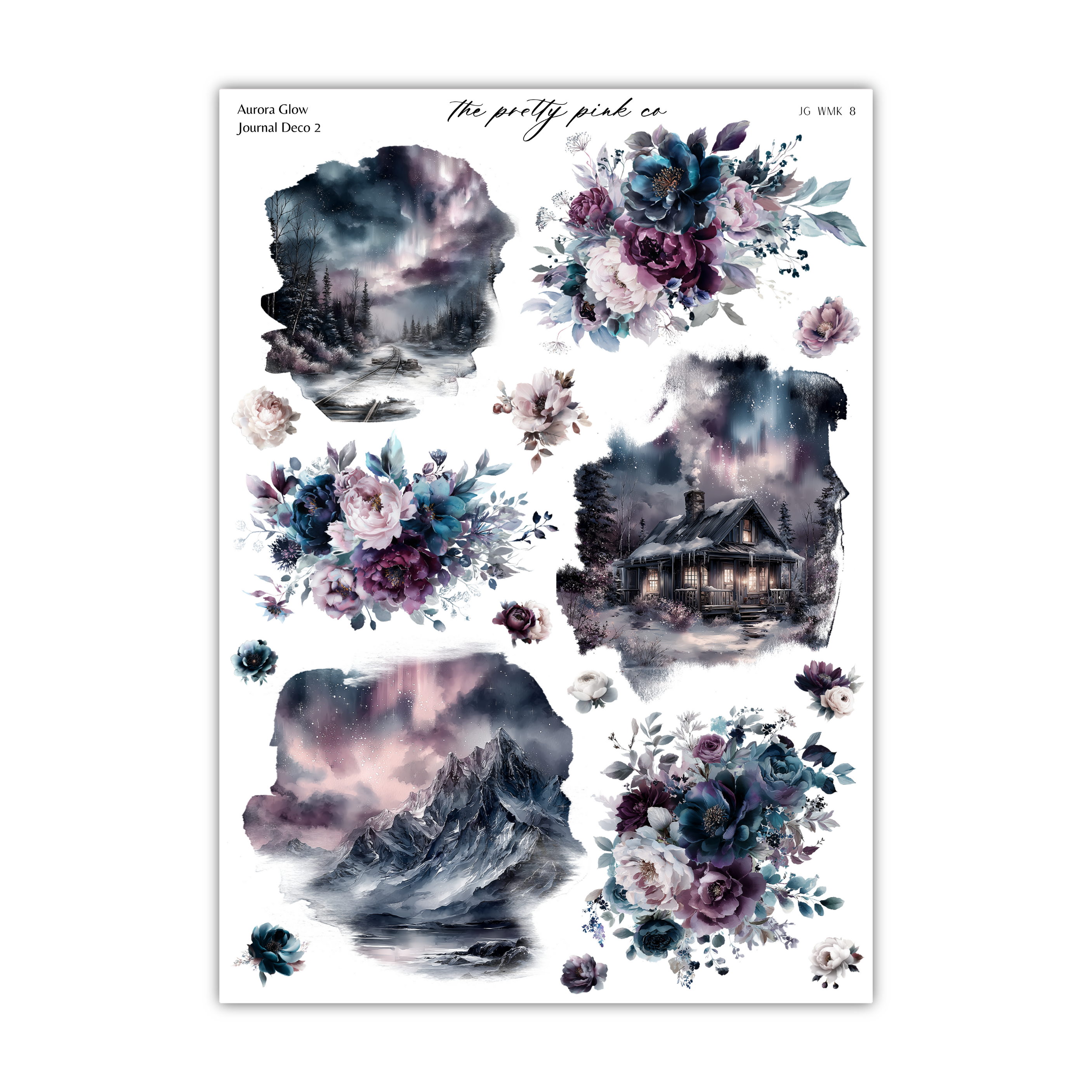 a collection of artistic watercolor-style illustrations featuring various landscapes, floral arrangements, and architectural elements. The illustrations are arranged in a grid-like pattern, showcasing a range of colors and styles.