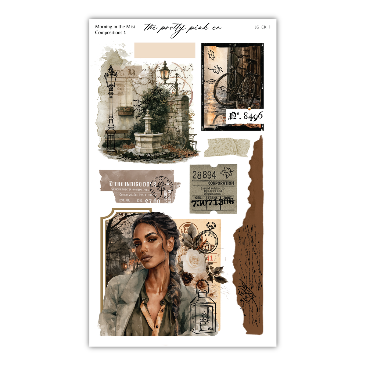The image is a collage of various artistic elements, including a woman's portrait, a bicycle, and other decorative and symbolic imagery.