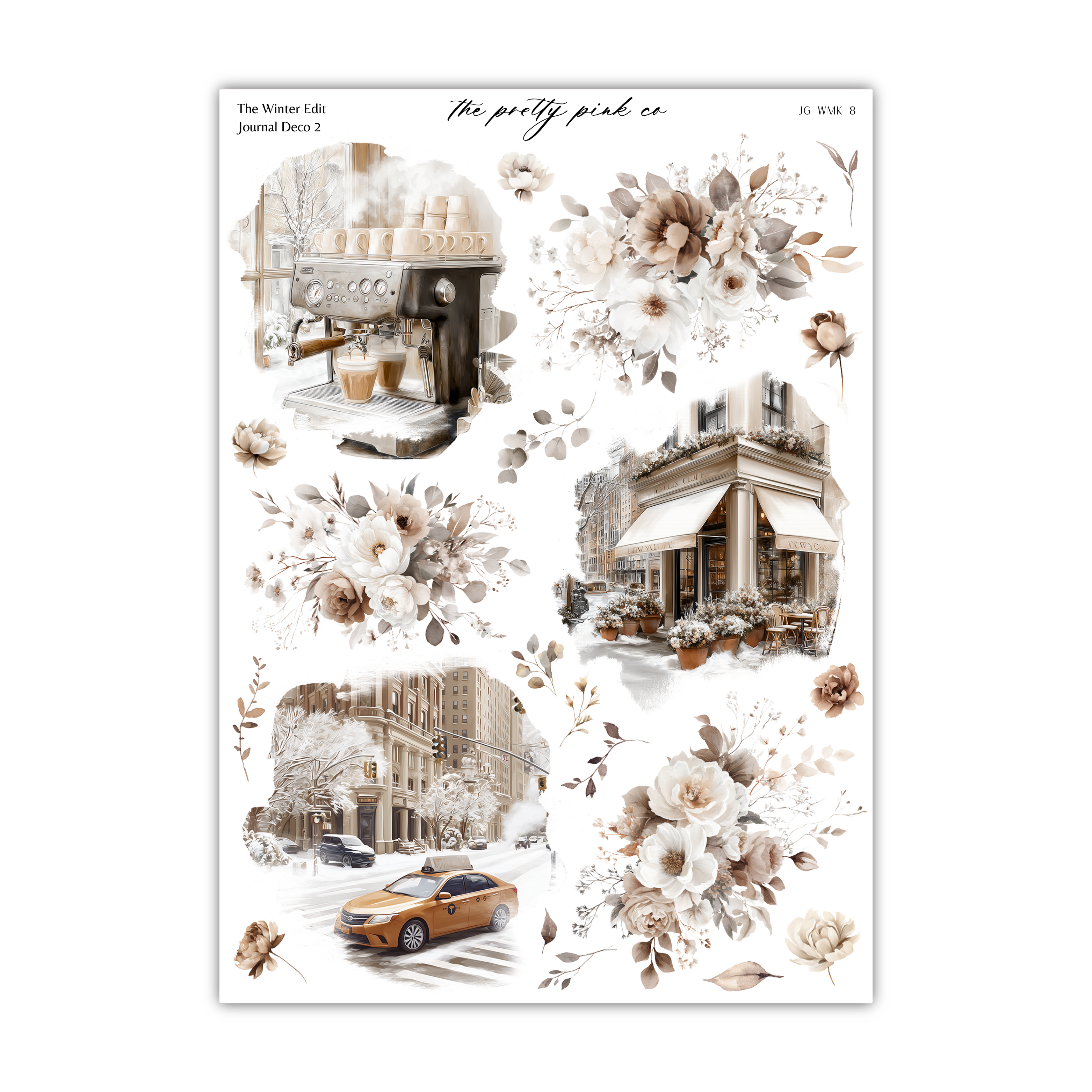 The image is a collage of various scenes featuring floral elements, buildings, and vehicles, including a coffee shop, a car, and a taxi.