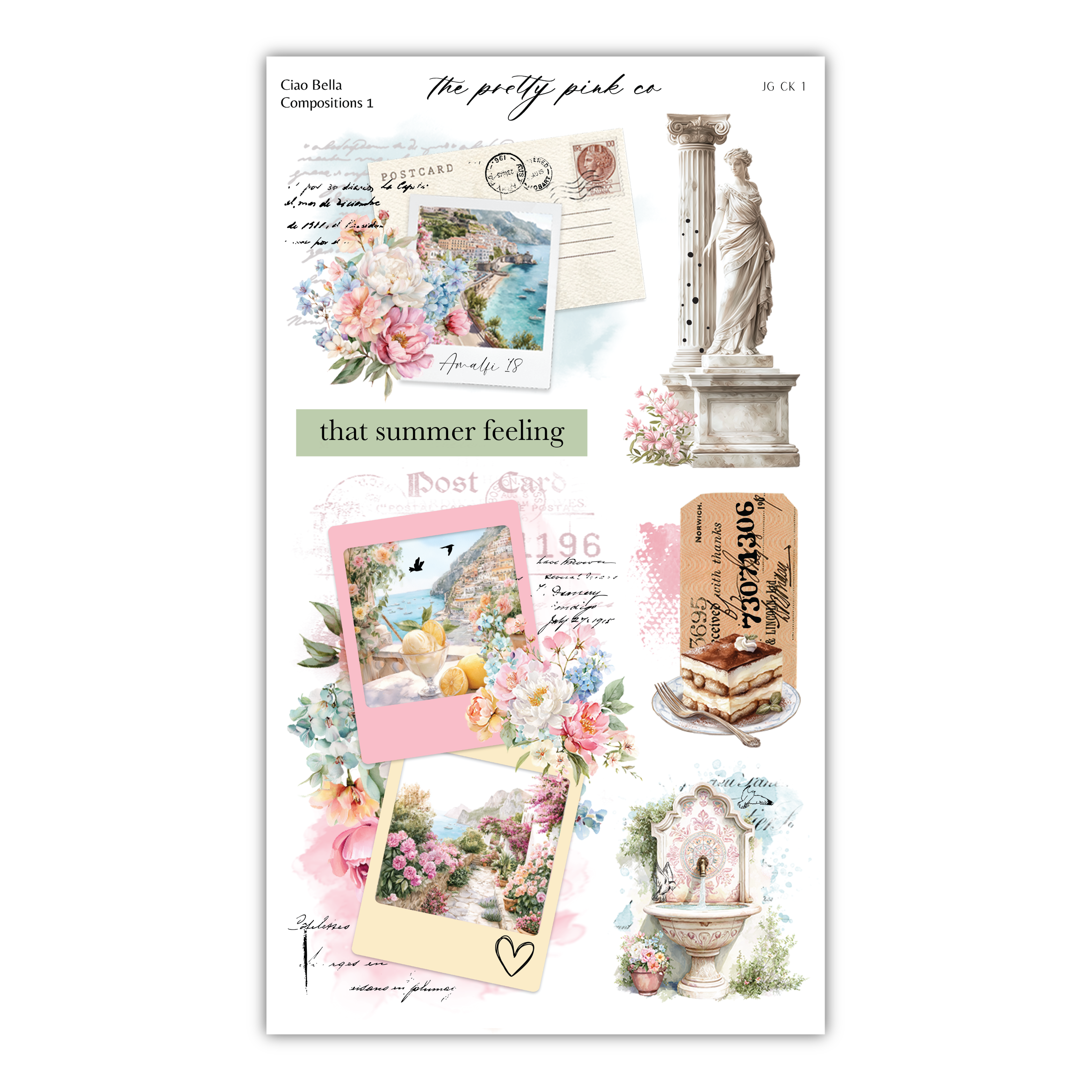 The image is a collage of various artistic elements, including a postcard, a statue, floral images, and a cake, all set against a white background.