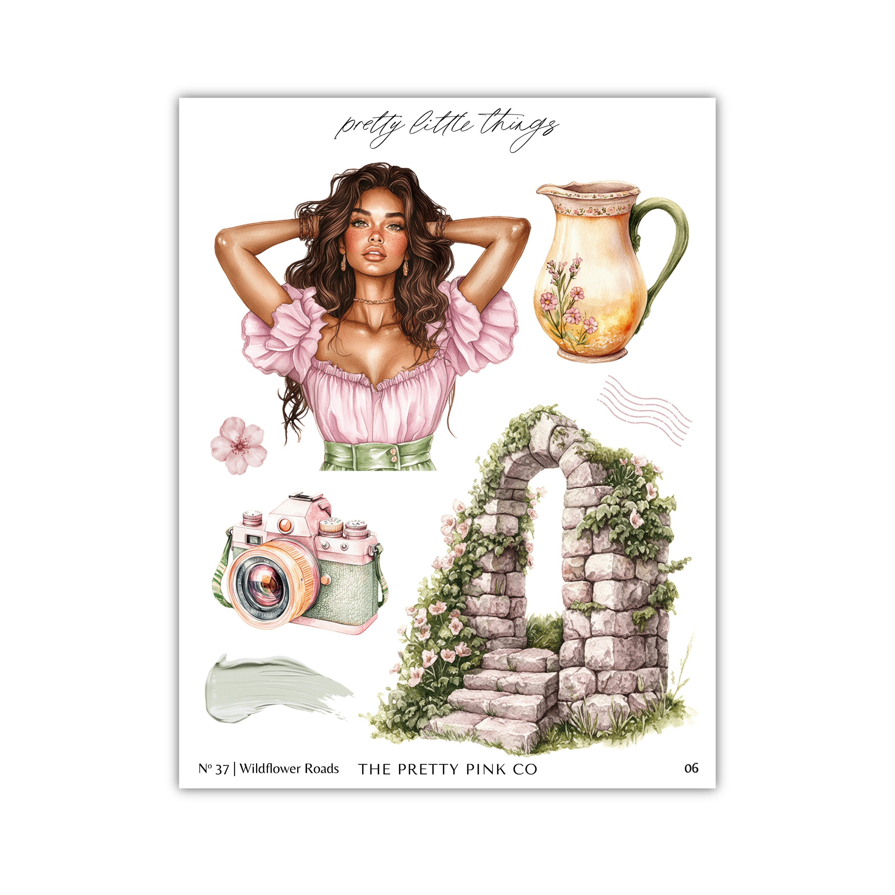 The image is a collage of various elements, including a woman with her hands on her head, a vase, a camera, a stone archway, and a potted plant.