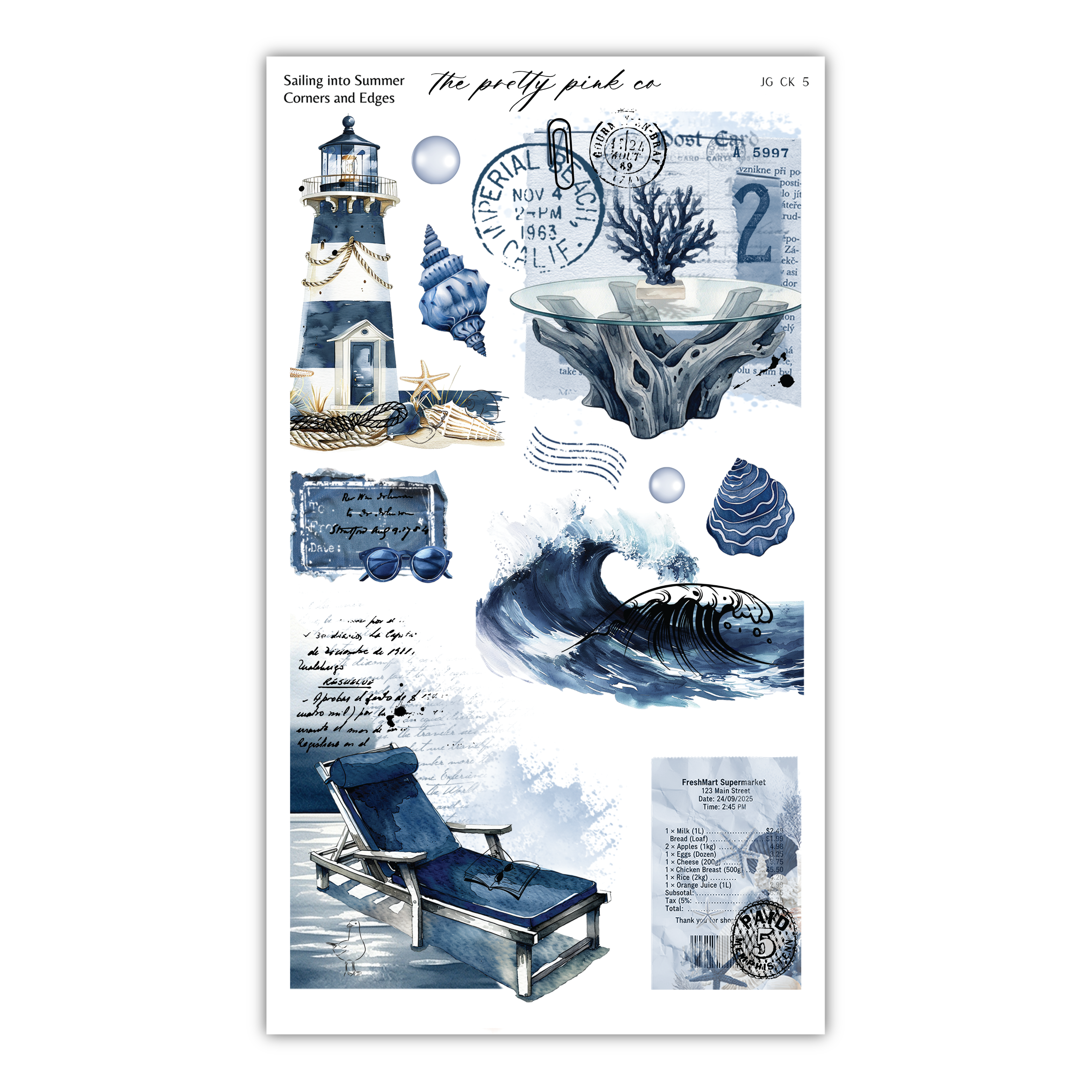 The image is a collage of various nautical and beach-themed elements, including a lighthouse, a seashell, a wave, a lounge chair, and other coastal objects.