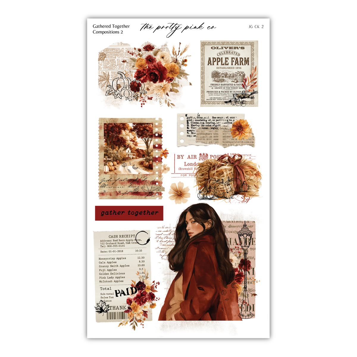 The image is a collage of various autumn-themed elements, including a woman in a red coat, floral designs, and text.