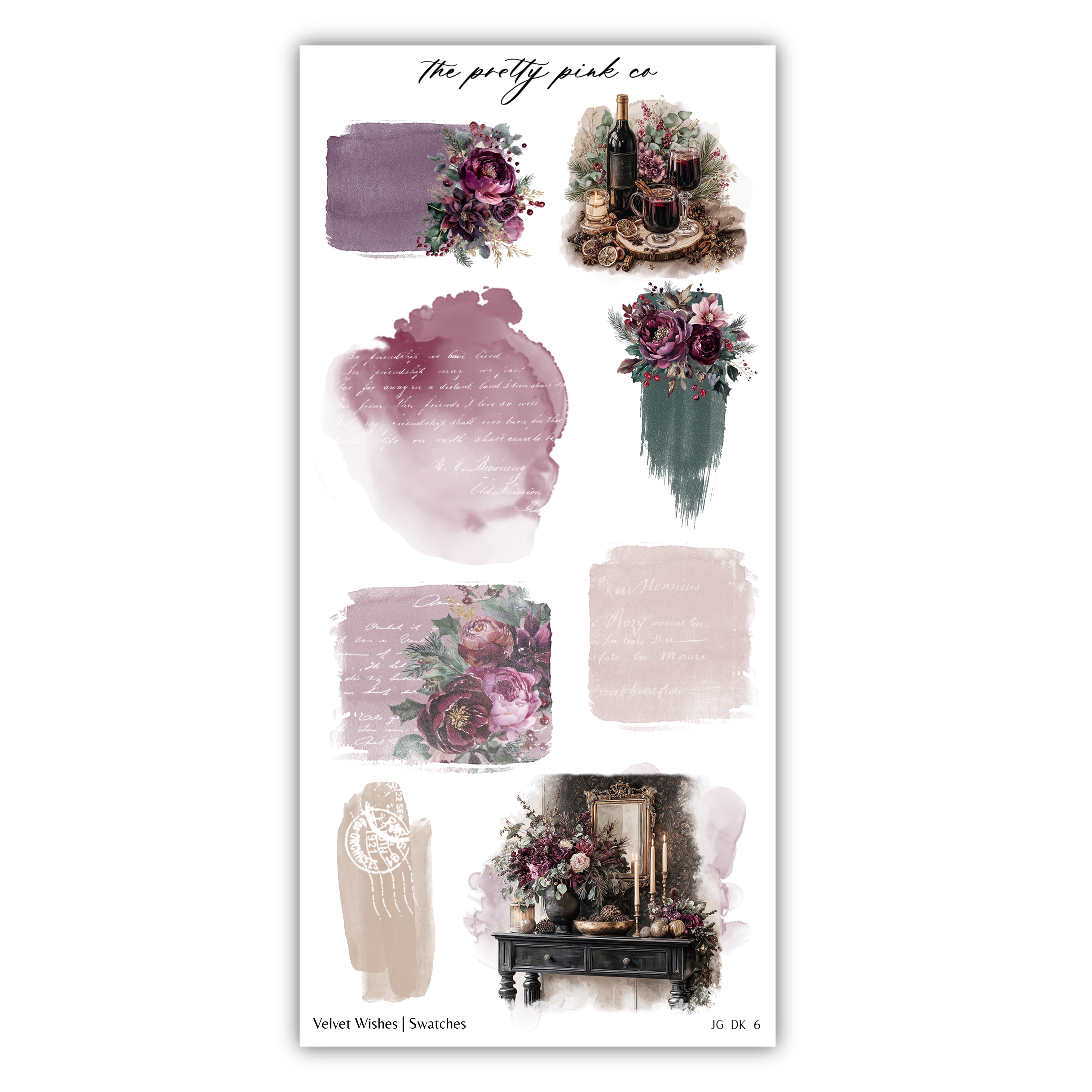 various floral and decorative elements, including a bottle of wine, a vase of flowers, and a mirror. The image is a collage of different elements, and it does not contain any text.