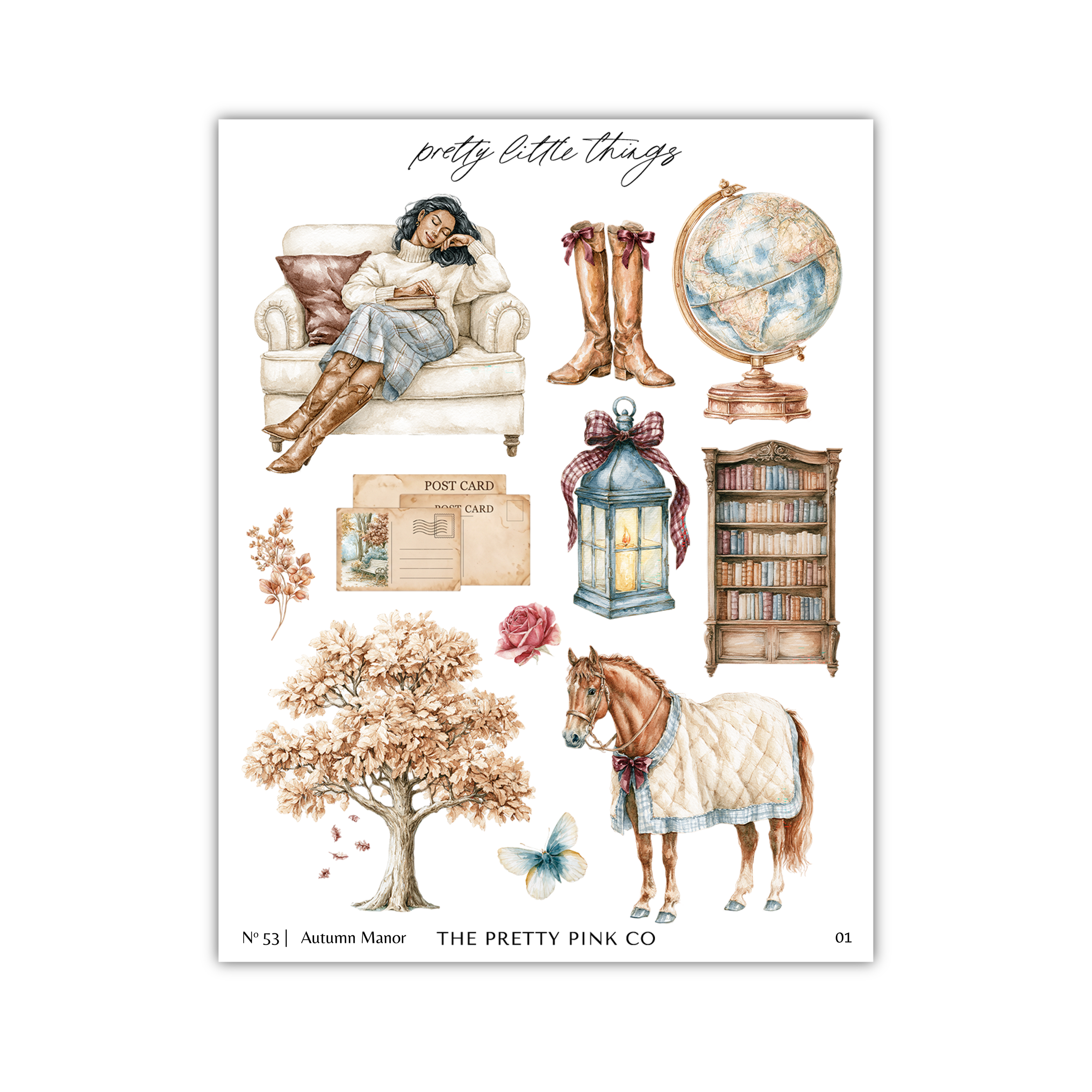 The image is a collage of various objects and scenes, including a woman sitting on a couch, a globe, a bookcase, a lantern, a tree, a horse, and a butterfly.