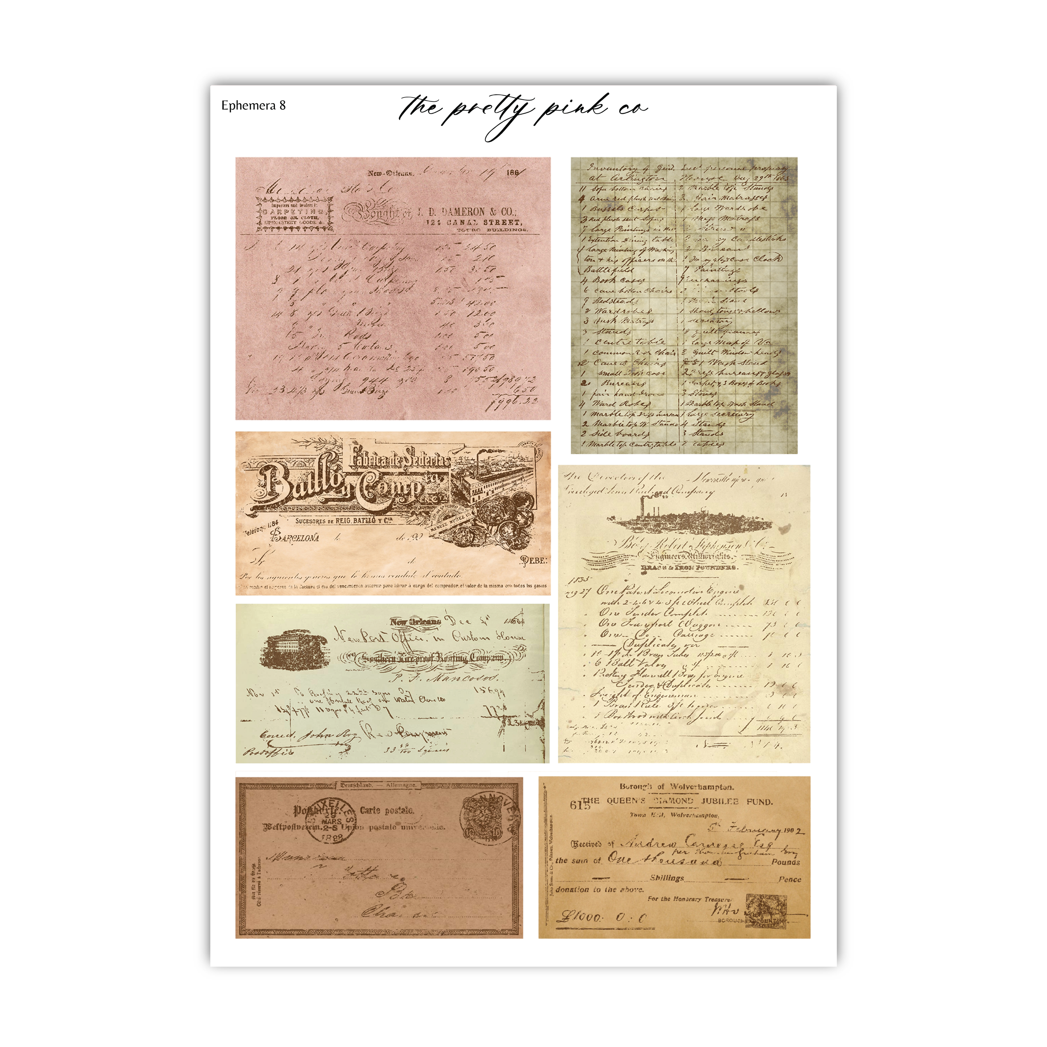 The image is a collage of various old-fashioned handwritten documents and letters, including a pinkish-red document with handwritten text, a document with a handwritten title, and several other documents with handwritten text.
