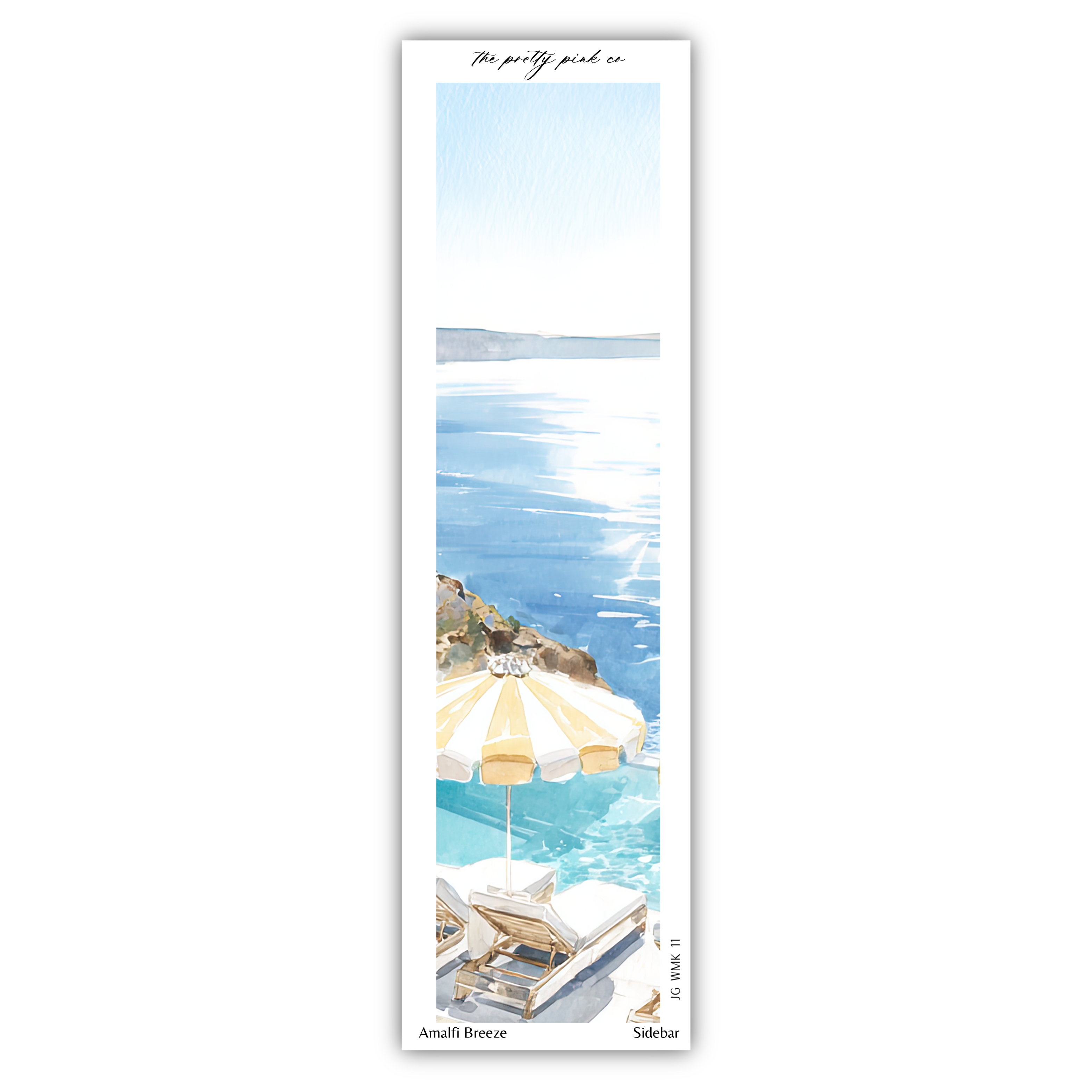 A watercolor painting depicting a serene beach scene with a large umbrella, lounge chairs, and a body of water in the background.