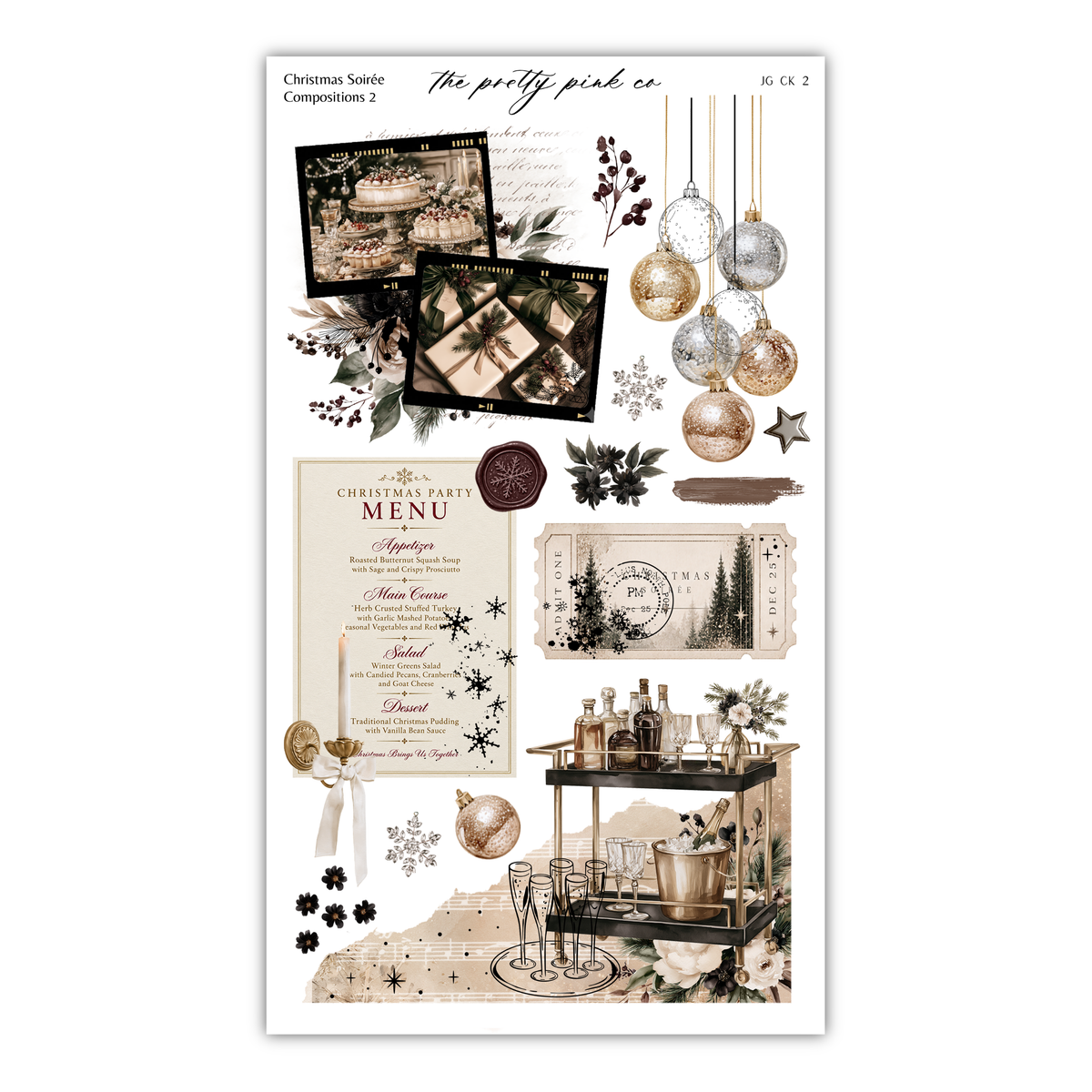 The image is a collage of various Christmas-themed elements, including images of a cake, ornaments, a Christmas tree, and other festive decorations. The collage also includes a menu, a bar, and other holiday-related items such as a bottle, a vase, and a star.