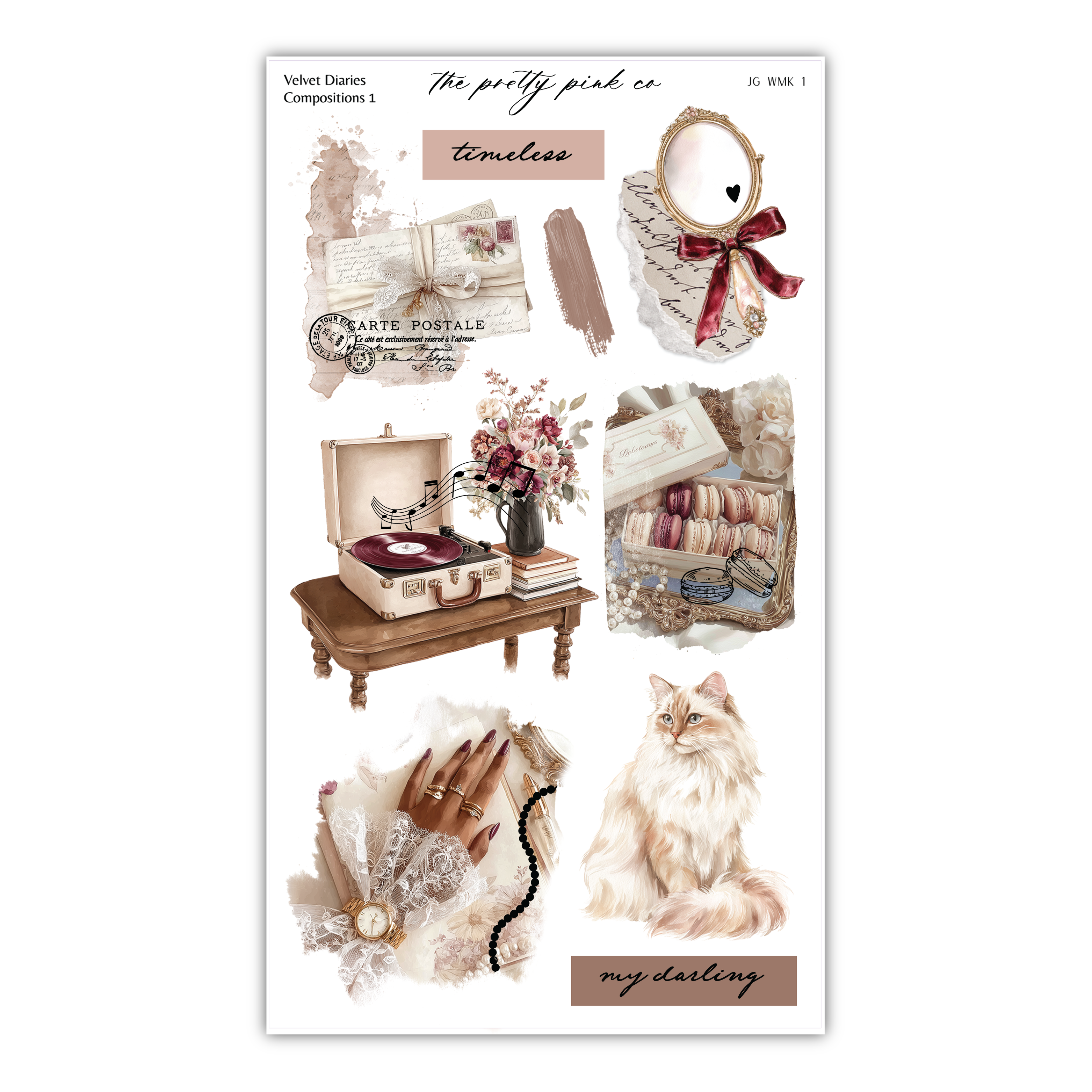 The image is a collage of various vintage-style items, including a record player, a mirror, a vase of flowers, a suitcase, and a cat. The collage is titled "The pretty pink co timeless" and includes text such as " Velvet Diaries Compositions 1", "The pretty pink co timeless", "JWK 1", and "my darlings".