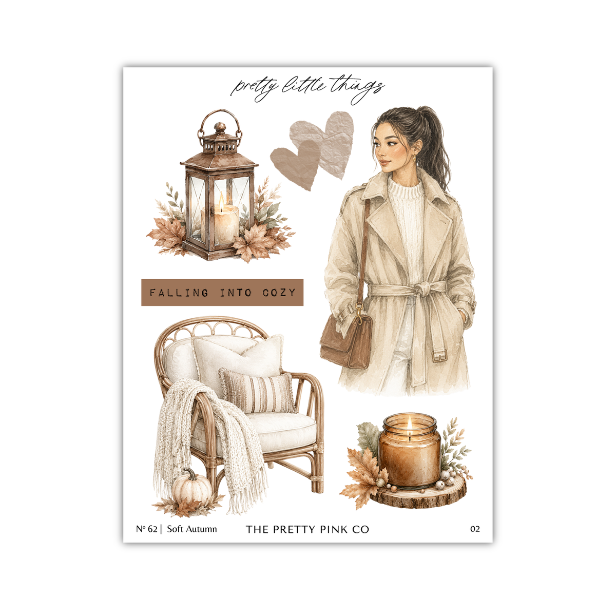The image is a collage of various fall-themed items, including a lantern, a woman in a coat, a chair, a candle, and leaves.