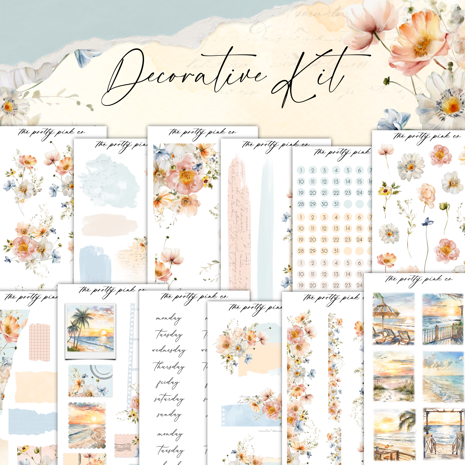 a large collection of paper and stickers with flowers