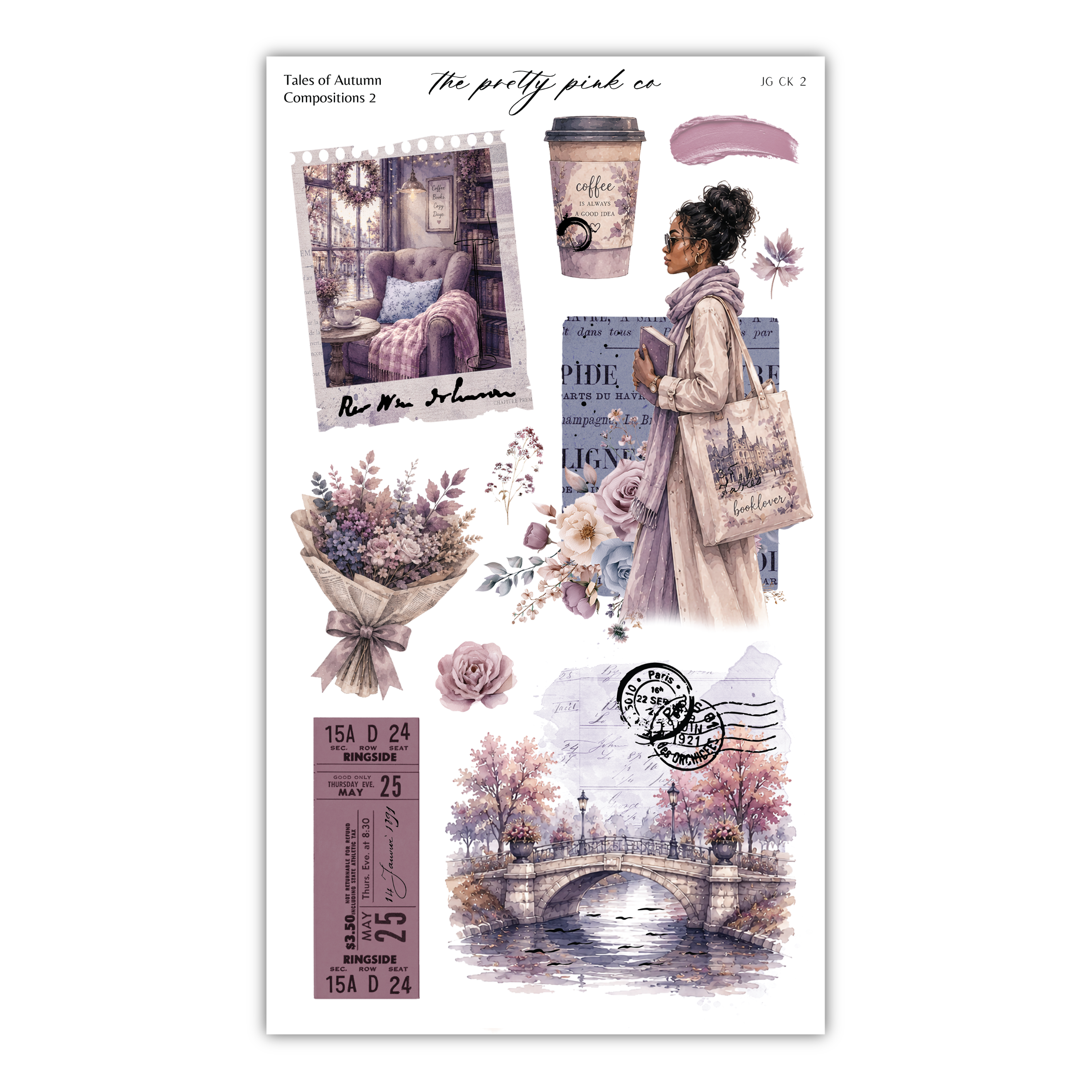 The image is a collage of various elements, including a woman in a long coat, a bouquet of flowers, a coffee cup, a bridge, and a postcard. The collage is titled "Tales of Autumn Compositions 2" and includes text such as "The pretty pink co", "JK", "16A D 24", "MAY 25", "RINGSIDE", "15A 0 24", and "RINGSIDE".