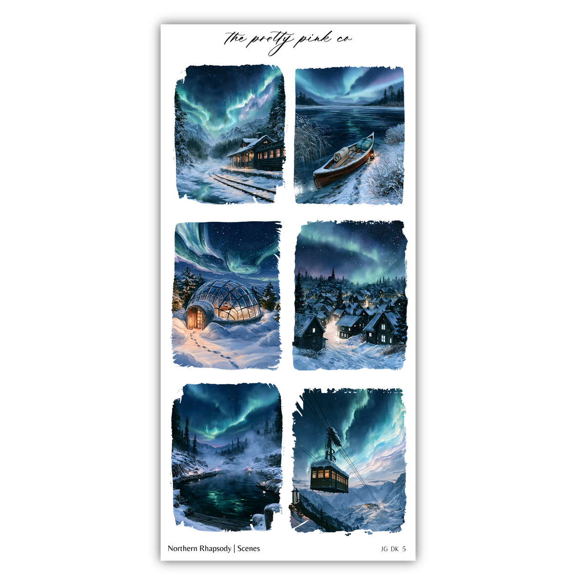 The image is a collage of six pictures depicting various winter scenes, including a snowy landscape, a cabin, a boat, a snowy village, a frozen lake, and a snowy mountain.