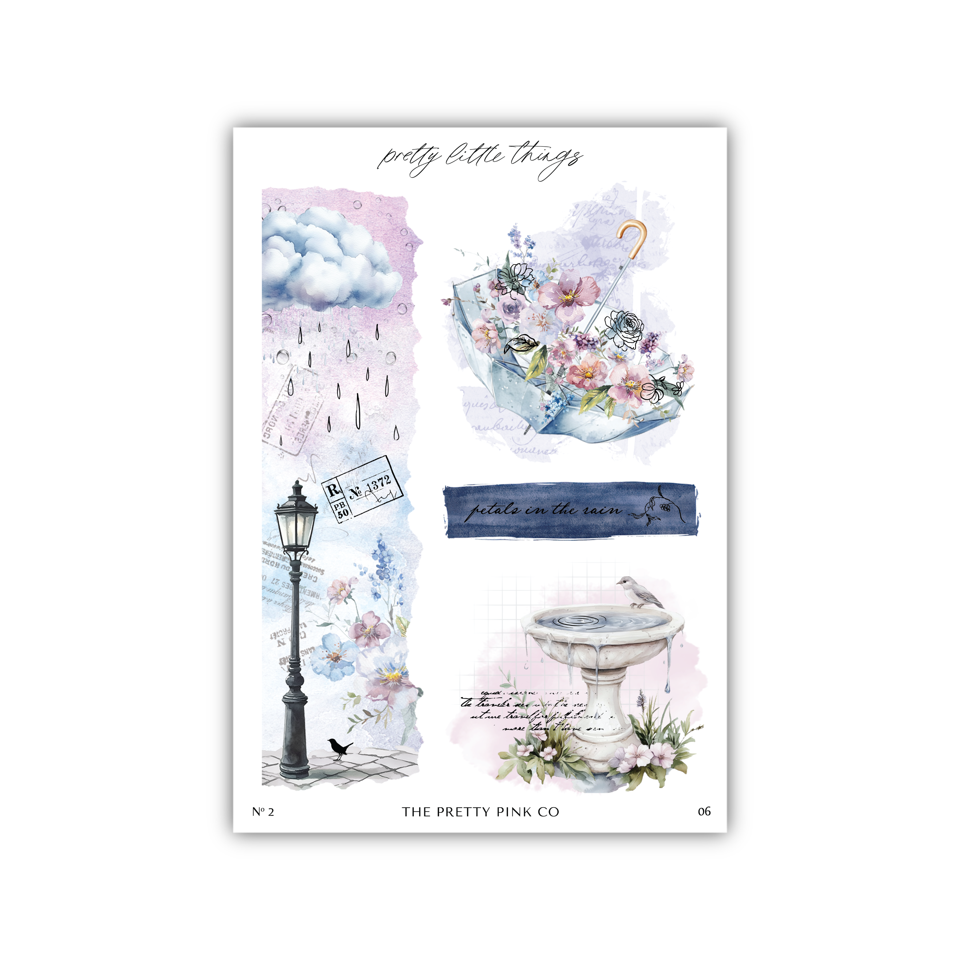a sticker sheet with watercolor drawings of flowers and a lamp post