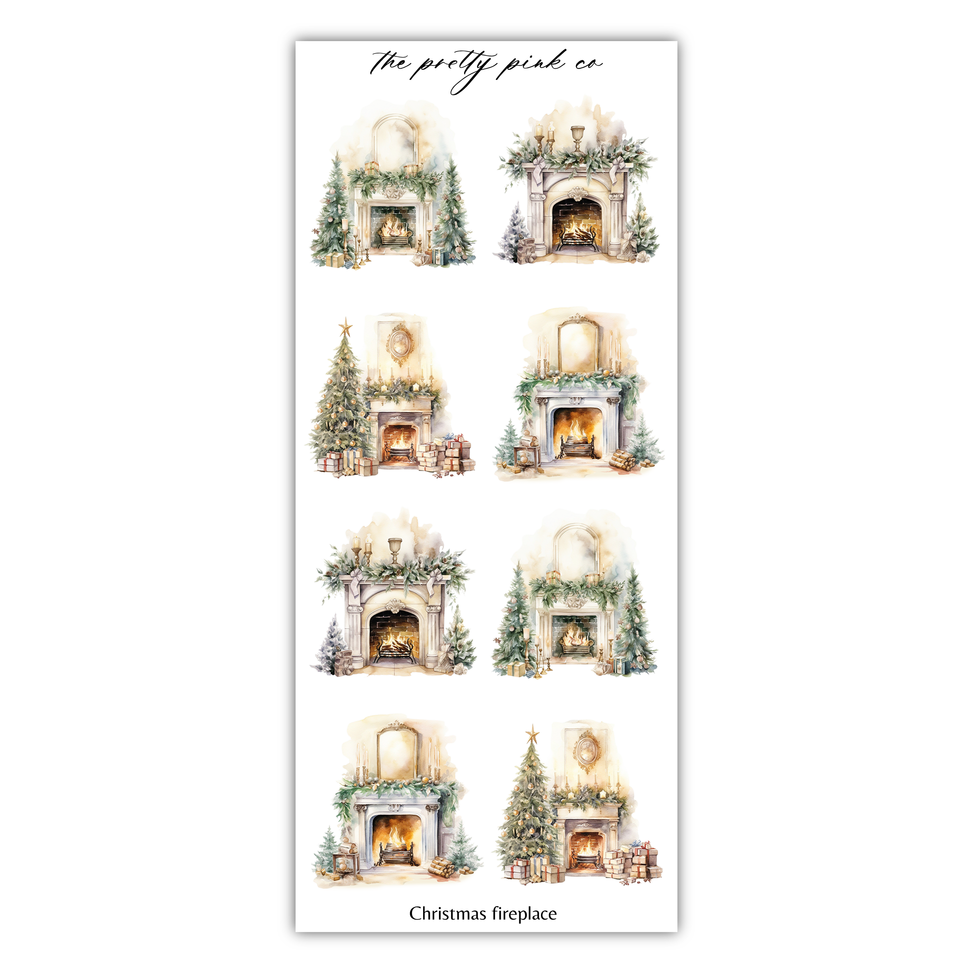 a sticker sheet with christmas fireplaces and trees