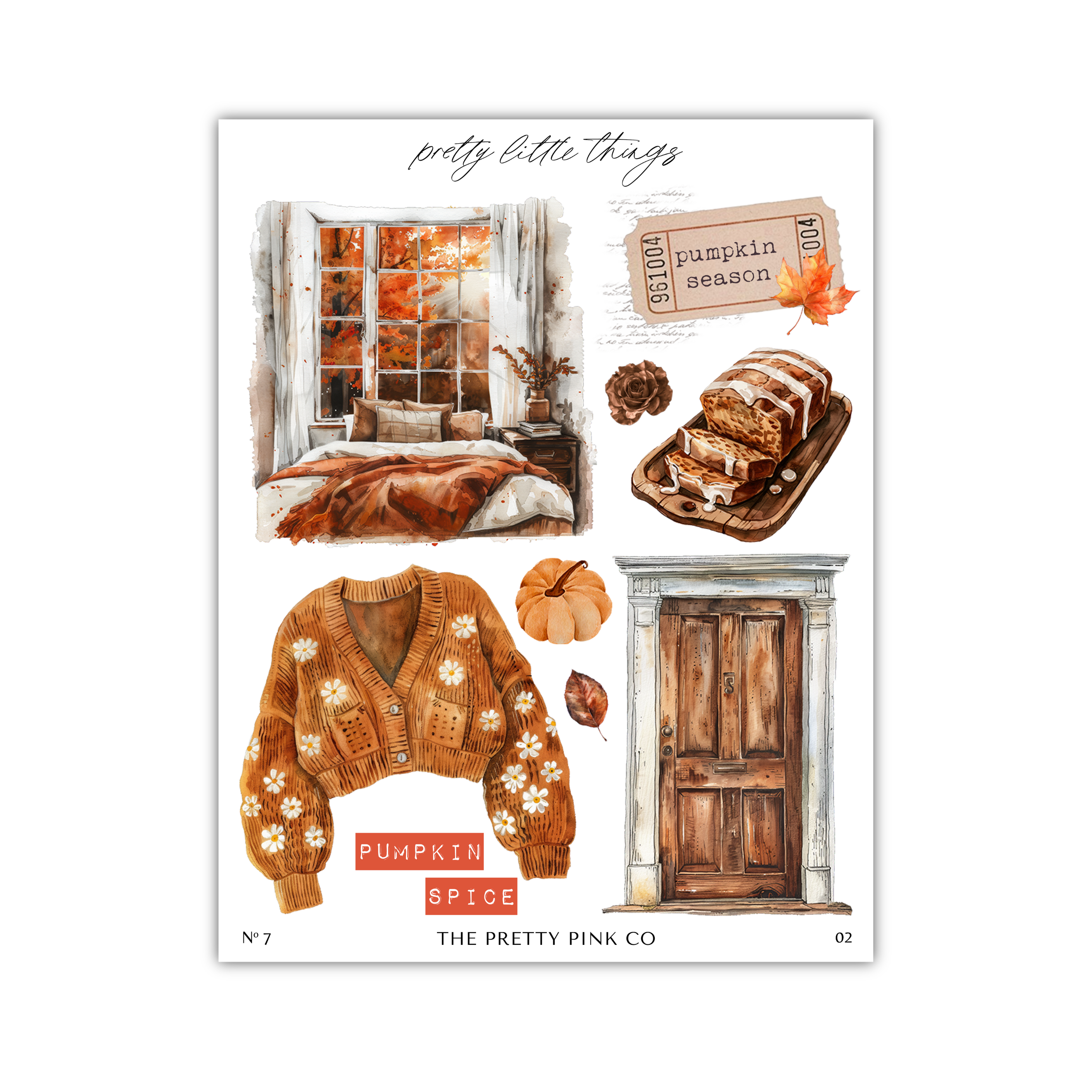 The image is a collage of various autumn-themed items, including a sweater with pumpkin and spice patterns, a pumpkin, a wooden door, a baked pumpkin pie, and a window with autumn leaves.
