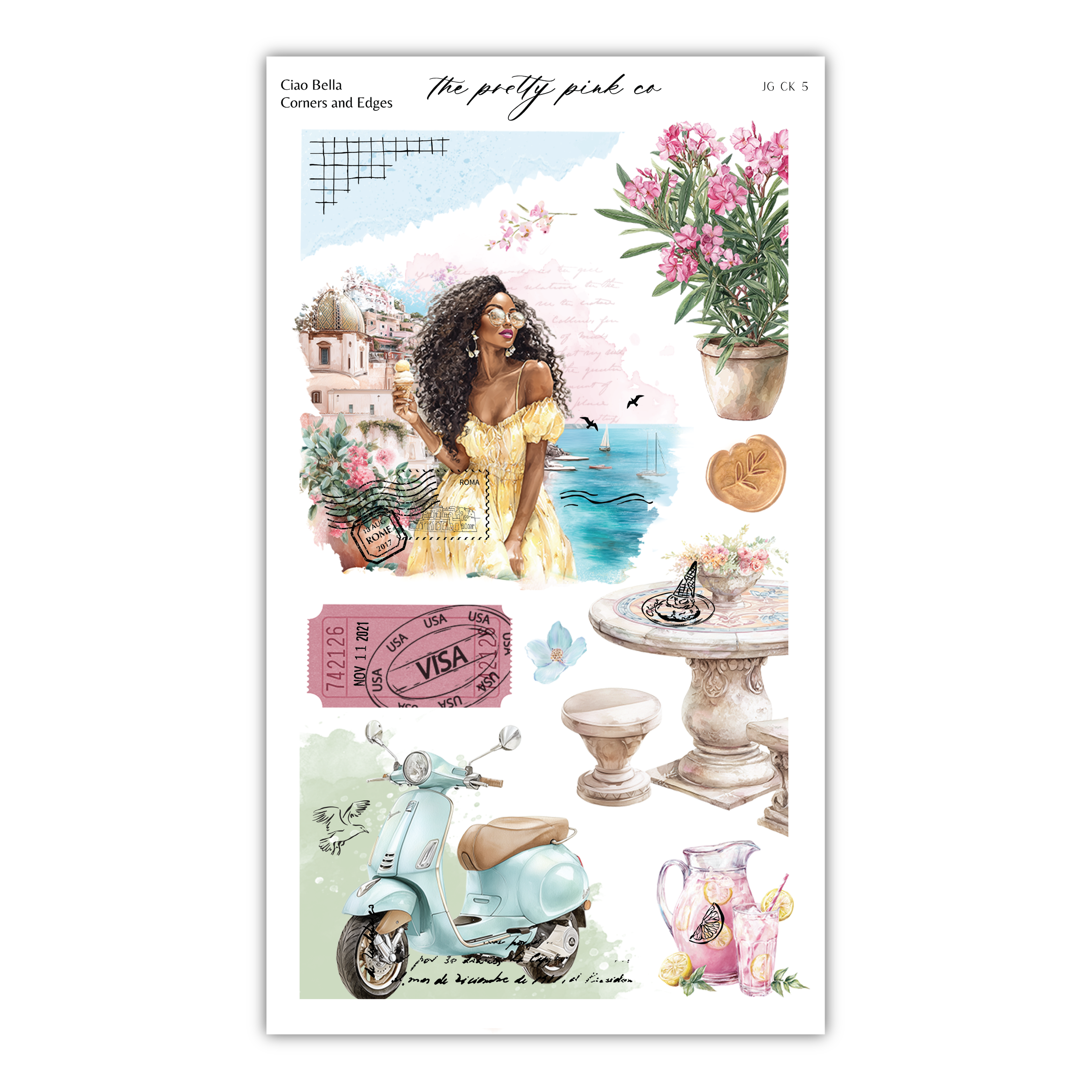 The image is a collage of various elements, including a woman in a yellow dress, a pink flower, a blue scooter, a potted plant, a vase, a ticket, and a bird.