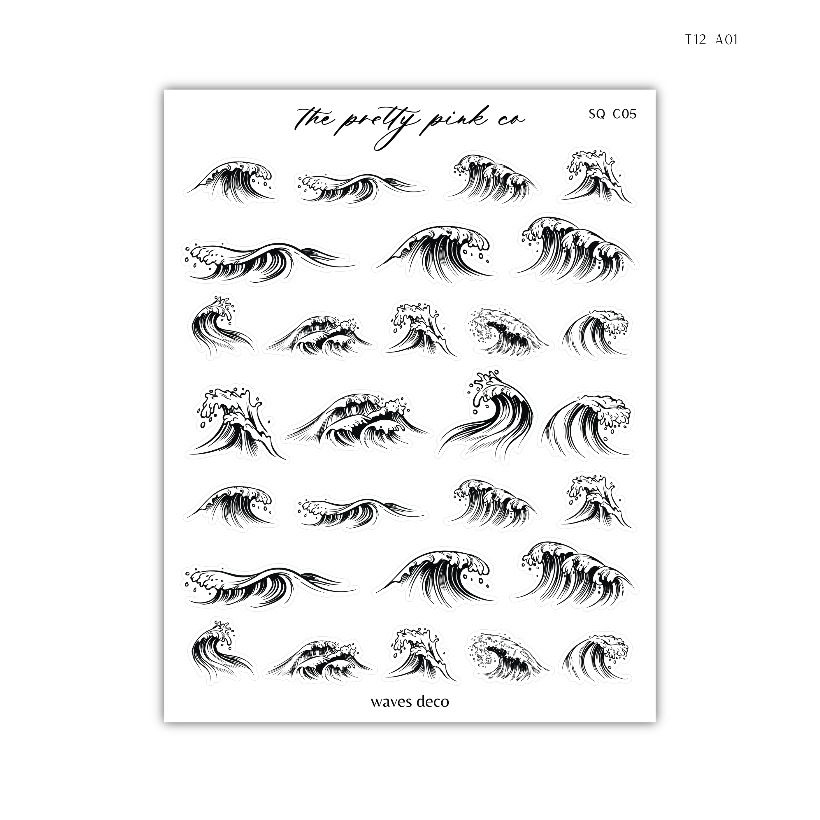 a sheet of stickers with black and white images of waves