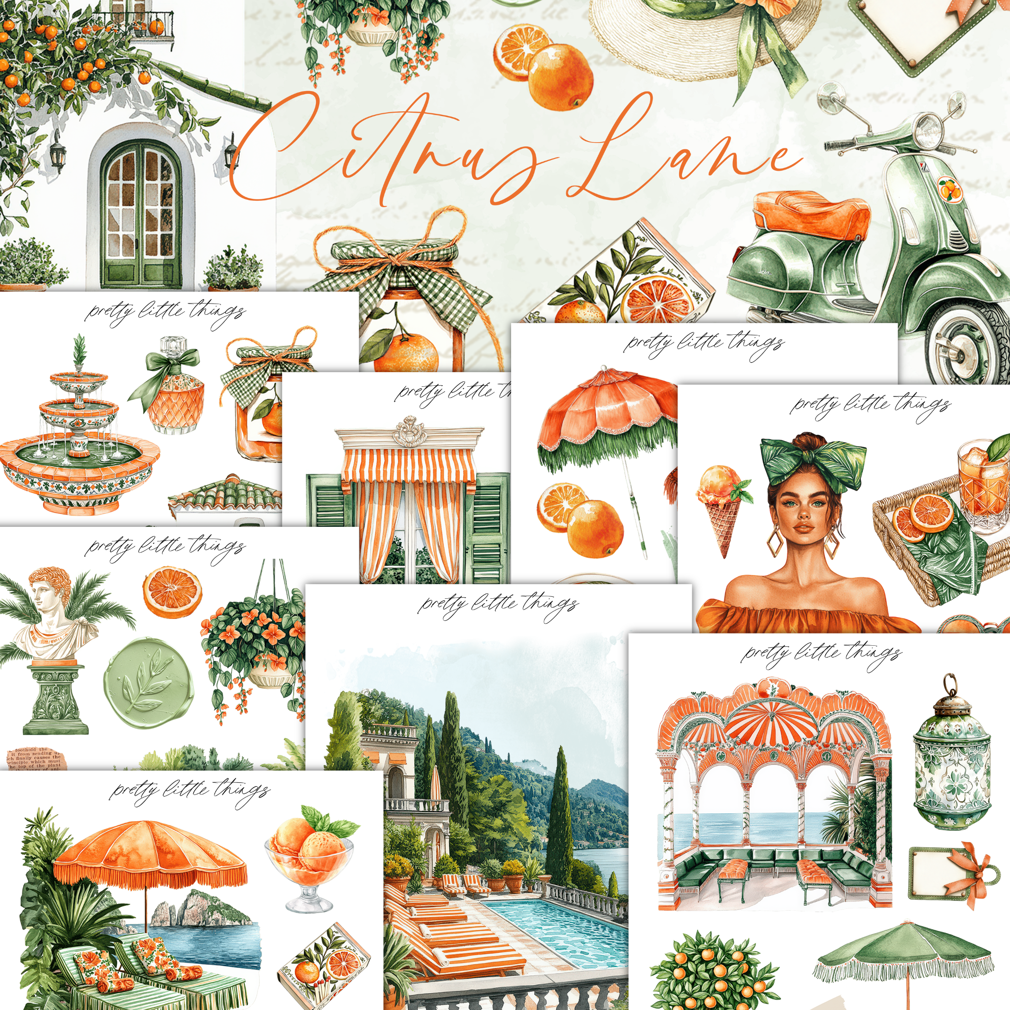 The image is a collage of various illustrations and scenes related to Citrus Lane, featuring elements such as orange trees, a fountain, a woman in a green dress, and a scenic view of a pool and mountains.
