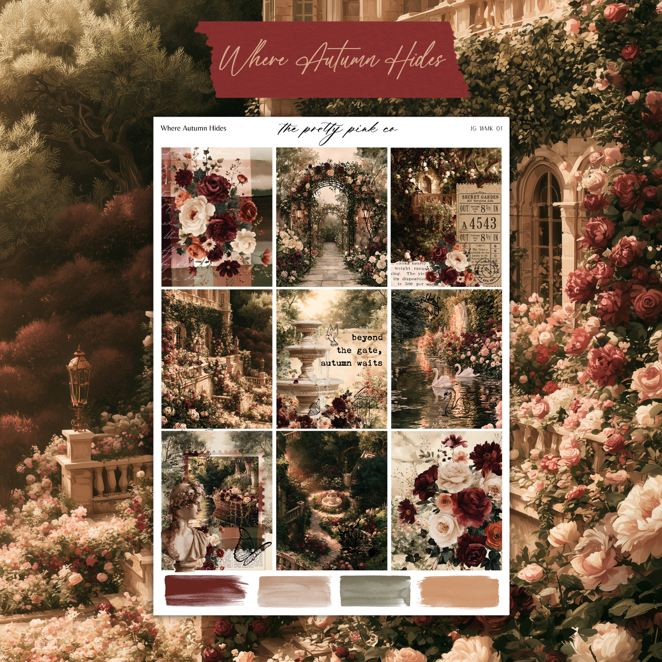 The image is a collage of nine images depicting various scenes and elements related to autumn hues, including flowers, foliage, and architectural details.