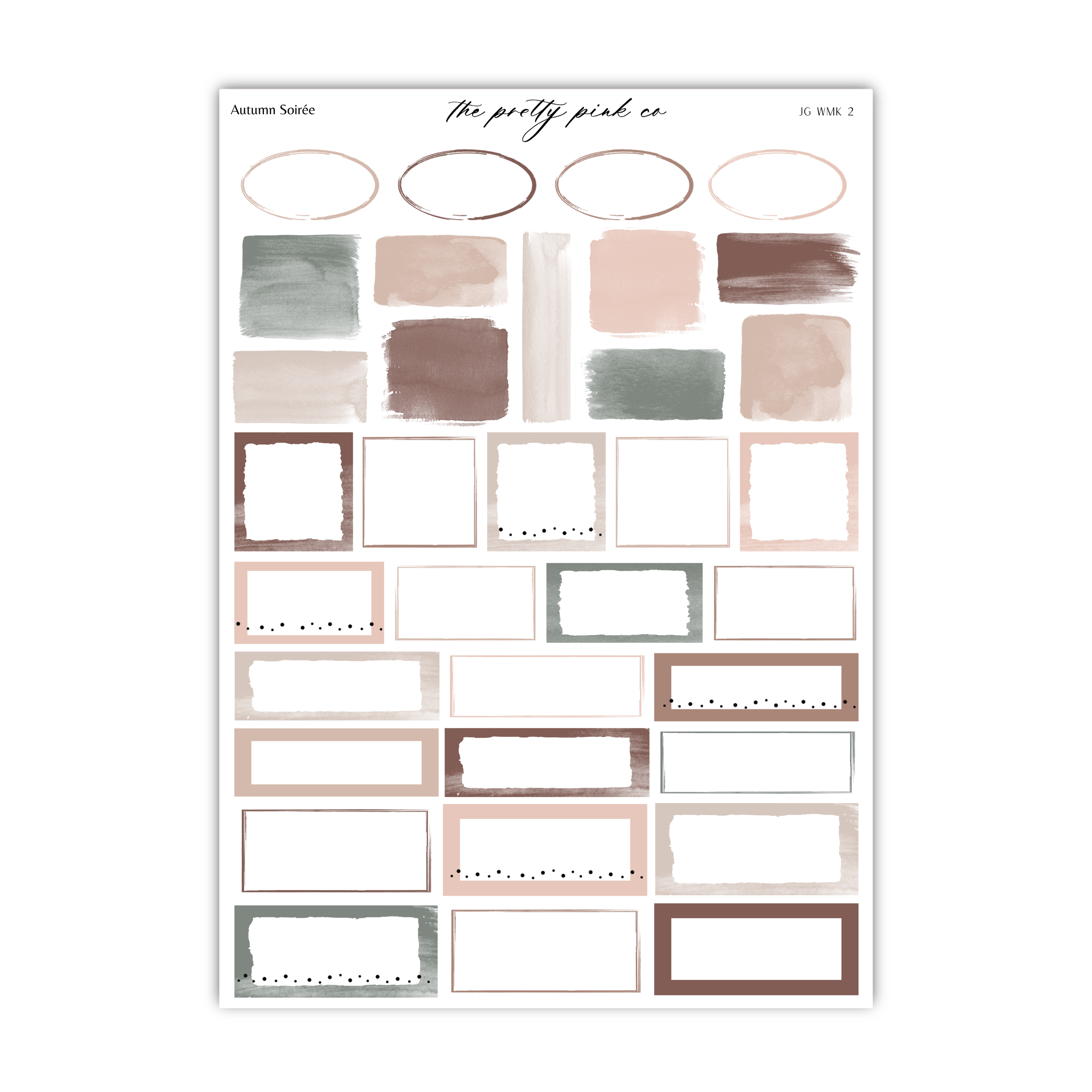a collection of abstract shapes and patterns, including circles, rectangles, and lines, arranged in a grid format. The shapes are in various shades of pink, green, and brown, creating a visually appealing and diverse composition.