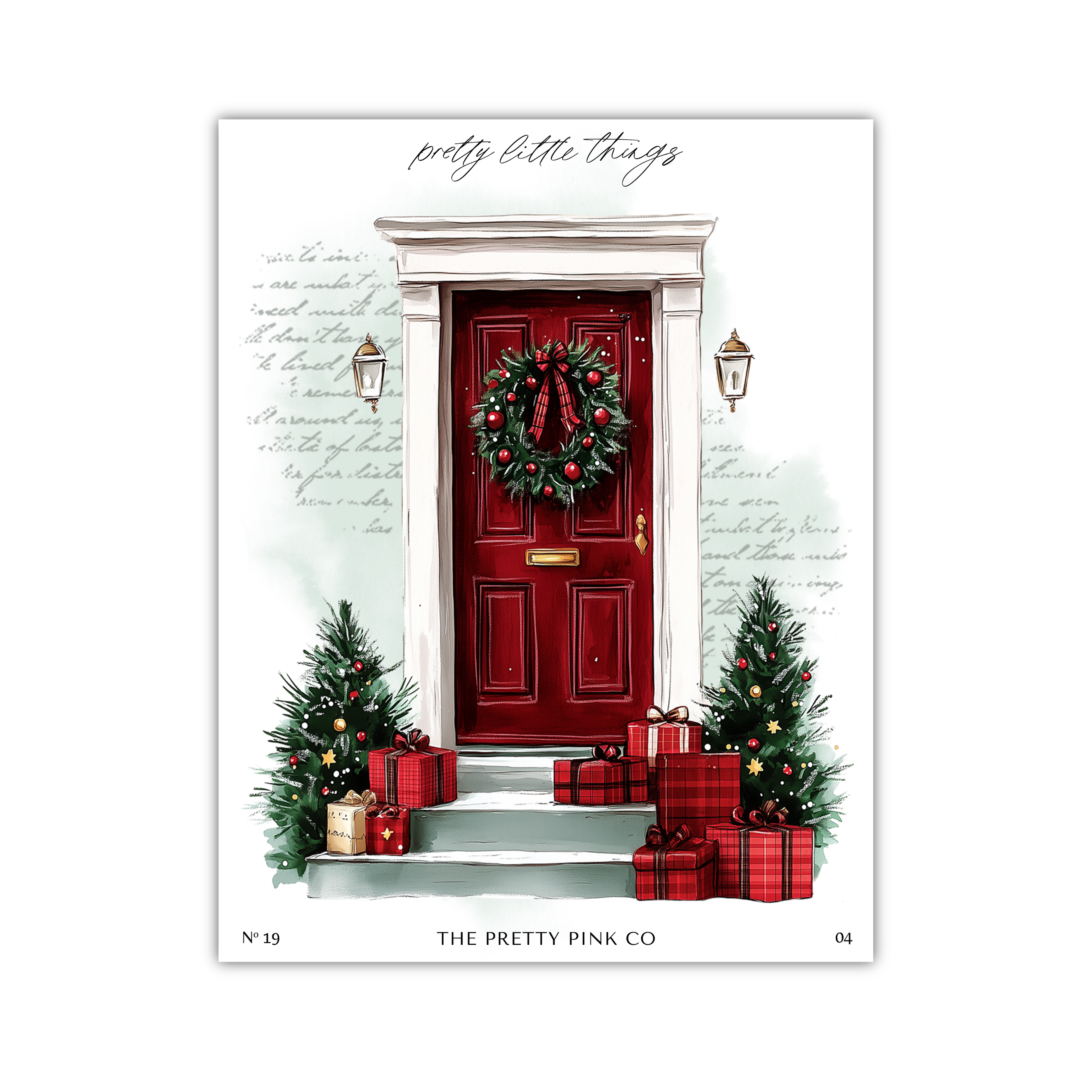 a festive scene with a red door, a wreath, and Christmas trees, along with wrapped gifts and presents on the steps leading up to the door.