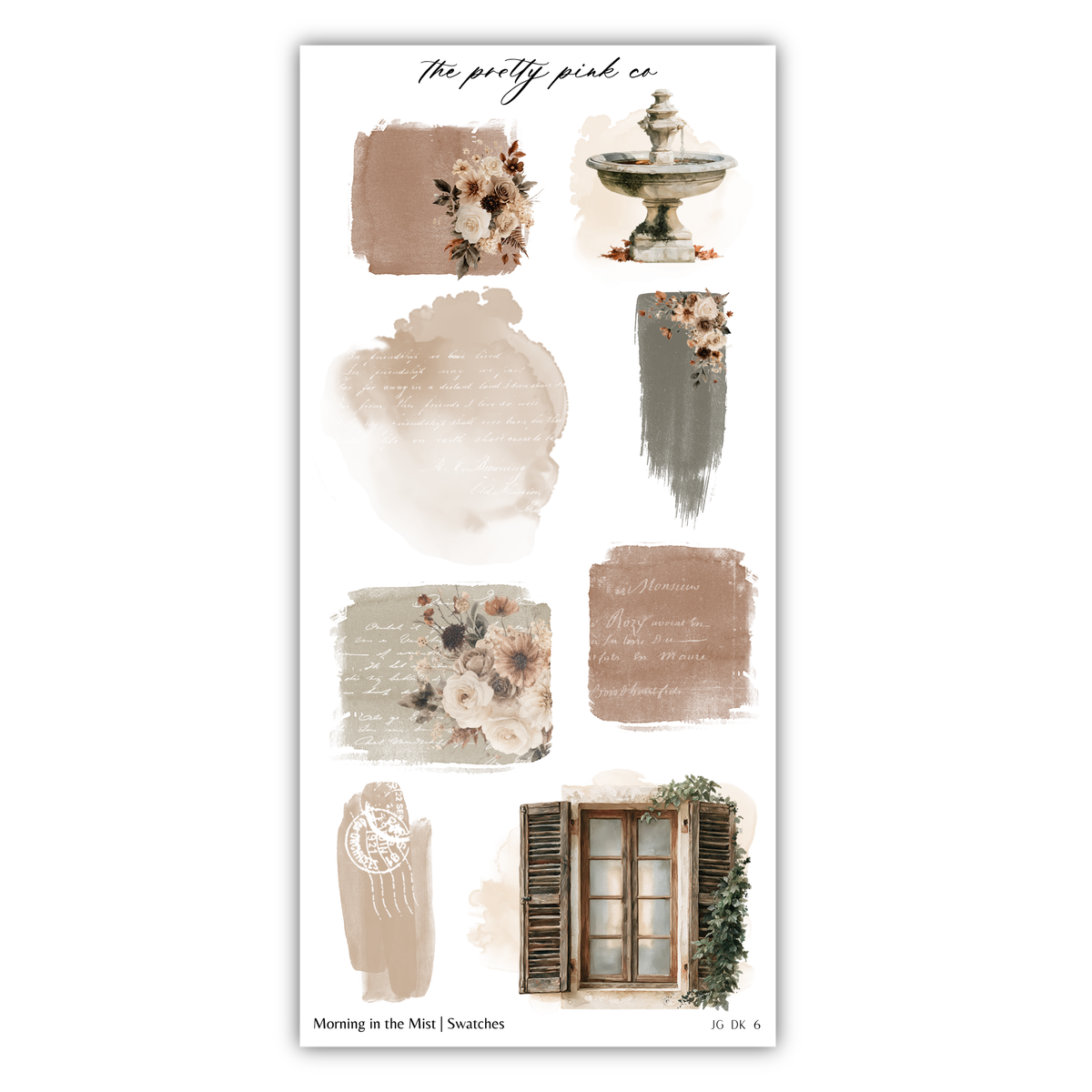 The image is a collage of various artistic elements, including floral designs, a fountain, and a window. The collage is titled "The pretty pink co" and includes a "Morning in the Mist" theme.