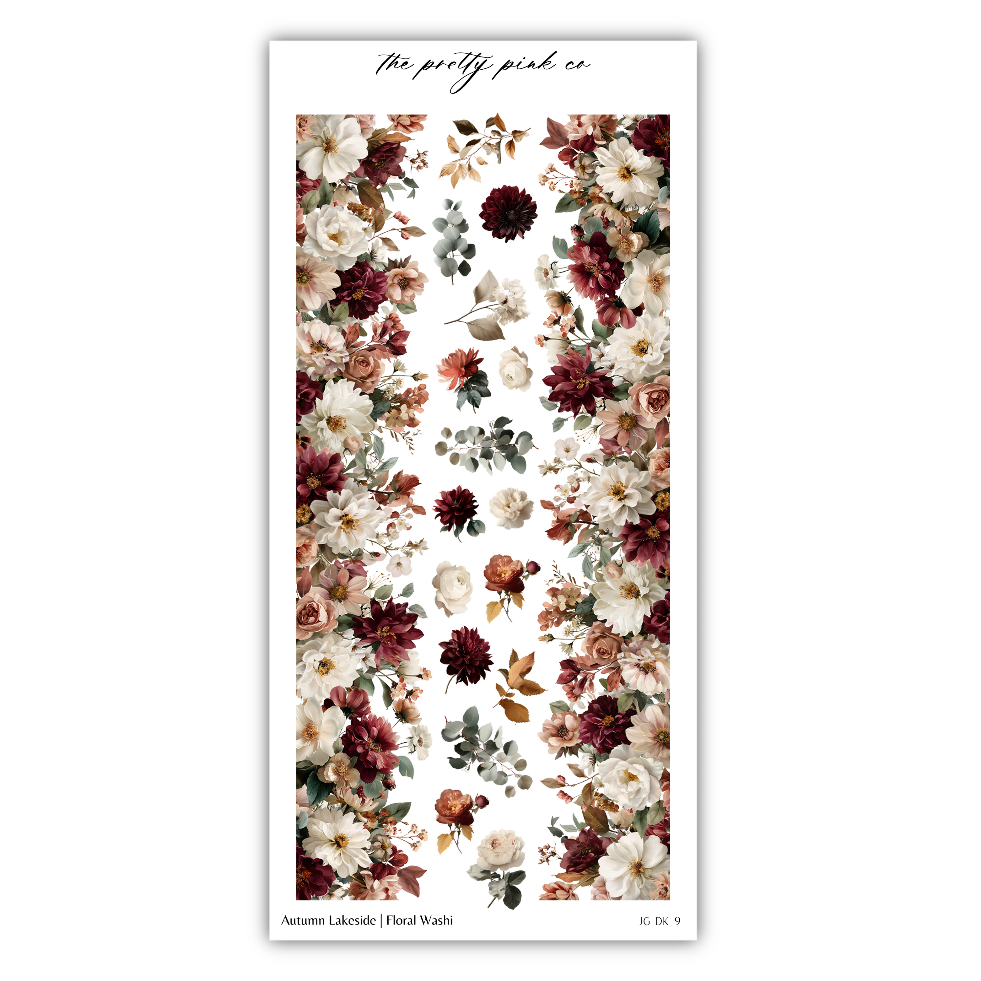 The image is a collage of various floral designs, including white, burgundy, and green flowers, arranged in a vertical pattern.