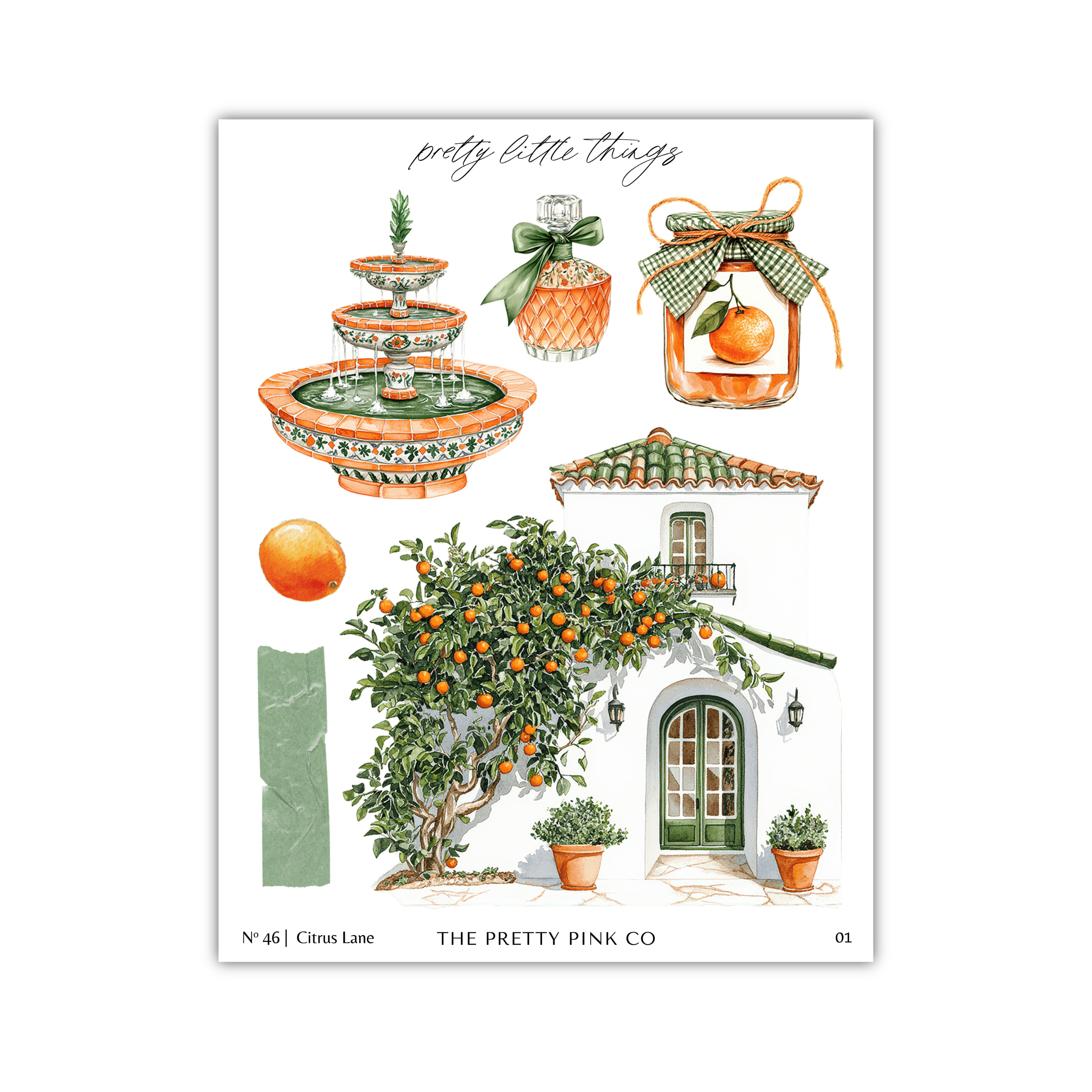 The image is a collage of various objects and scenes related to citrus fruits and architecture, including a fountain, a building, a tree, and a bottle.