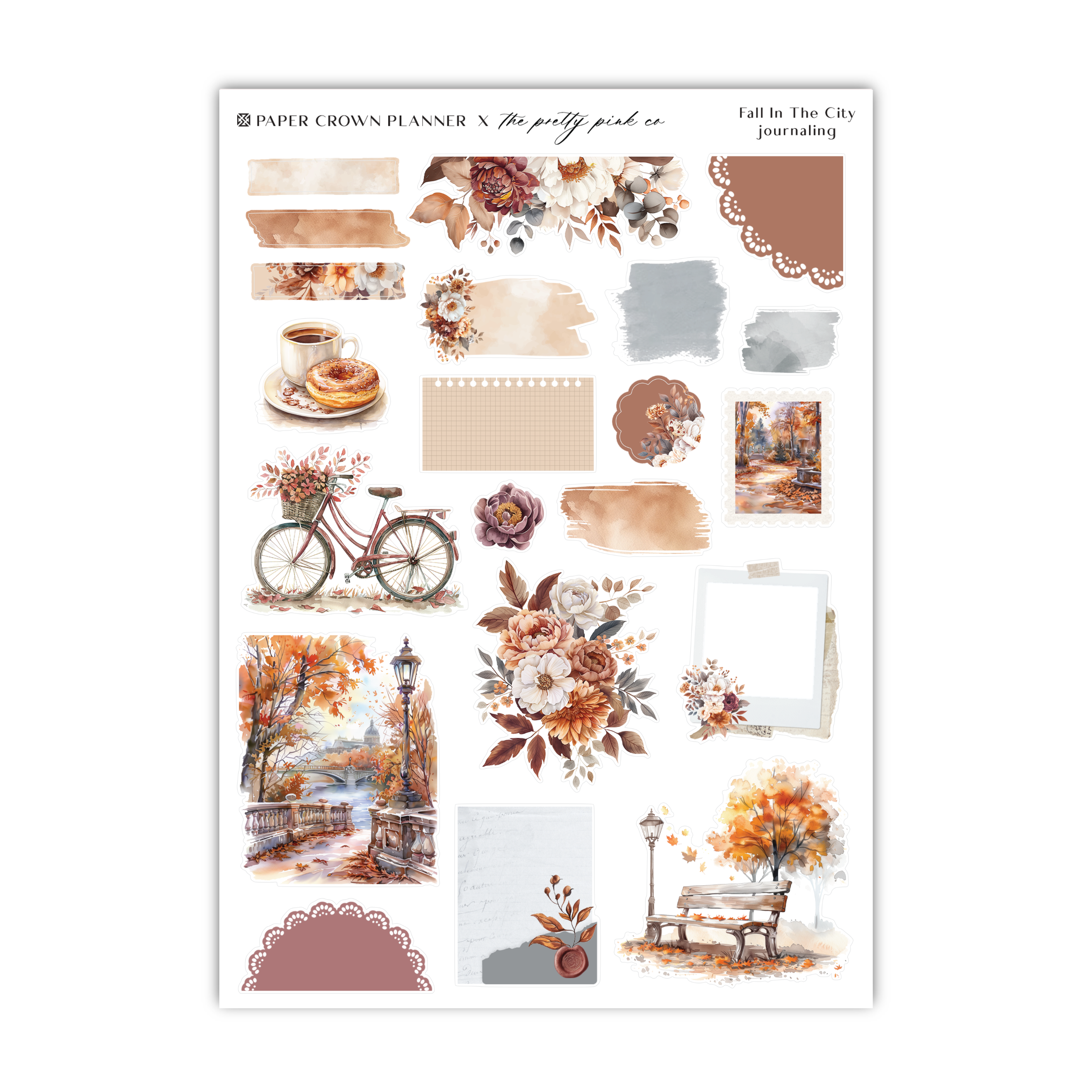 a sticker sheet with a picture of a bicycle and flowers