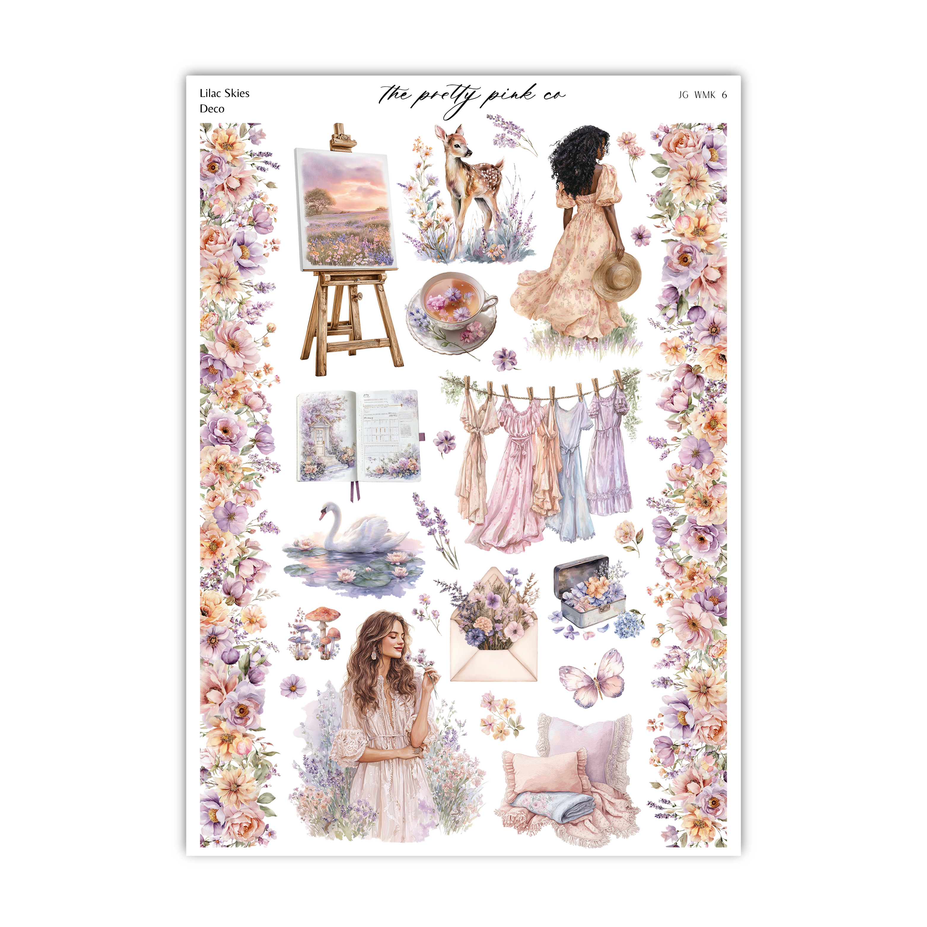 The image is a collage of various illustrations and objects, including a painting, a woman, flowers, dresses, a swan, and a butterfly.