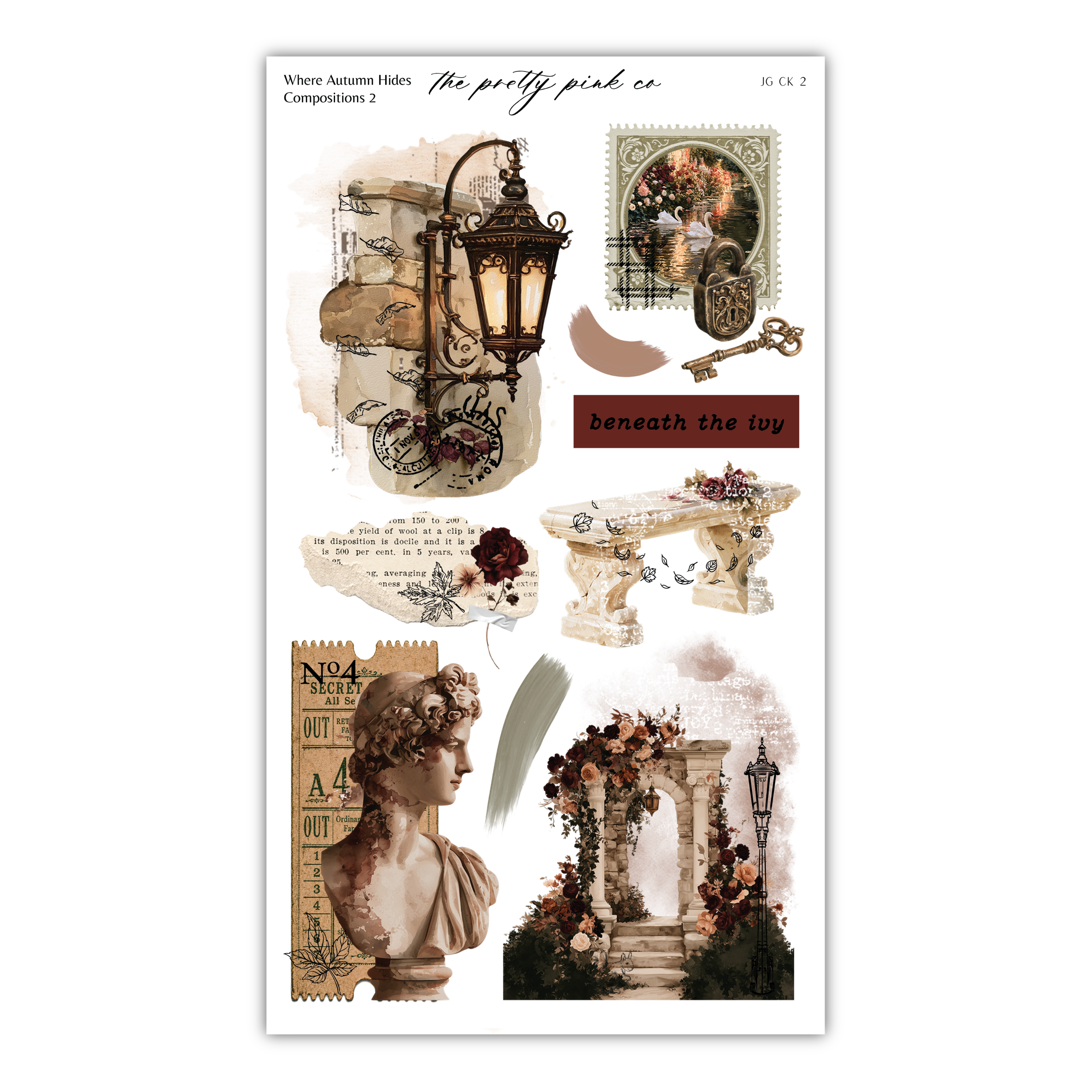 The image is a collage of various vintage-style photographs and illustrations, including a lamp, a key, a floral arrangement, and a bust. The collage appears to be a creative and artistic representation of a bygone era, with a focus on the beauty and elegance of the past.