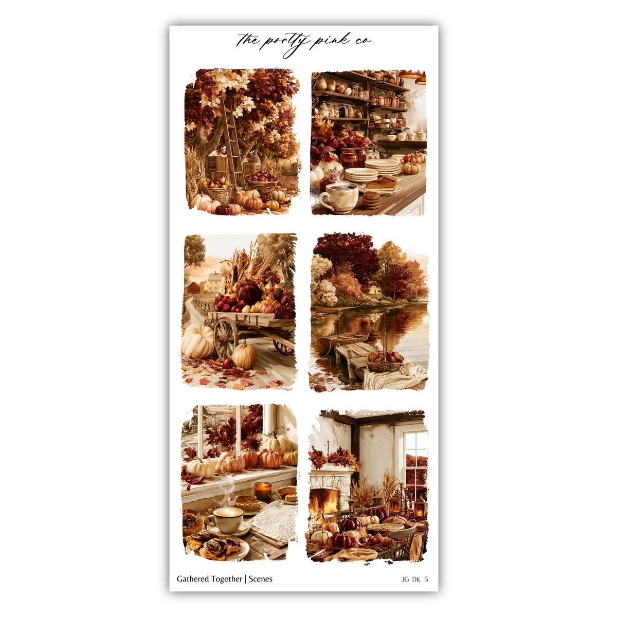 The image is a collage of six different scenes depicting various autumn-themed elements, including pumpkins, fall foliage, and a cozy indoor setting.