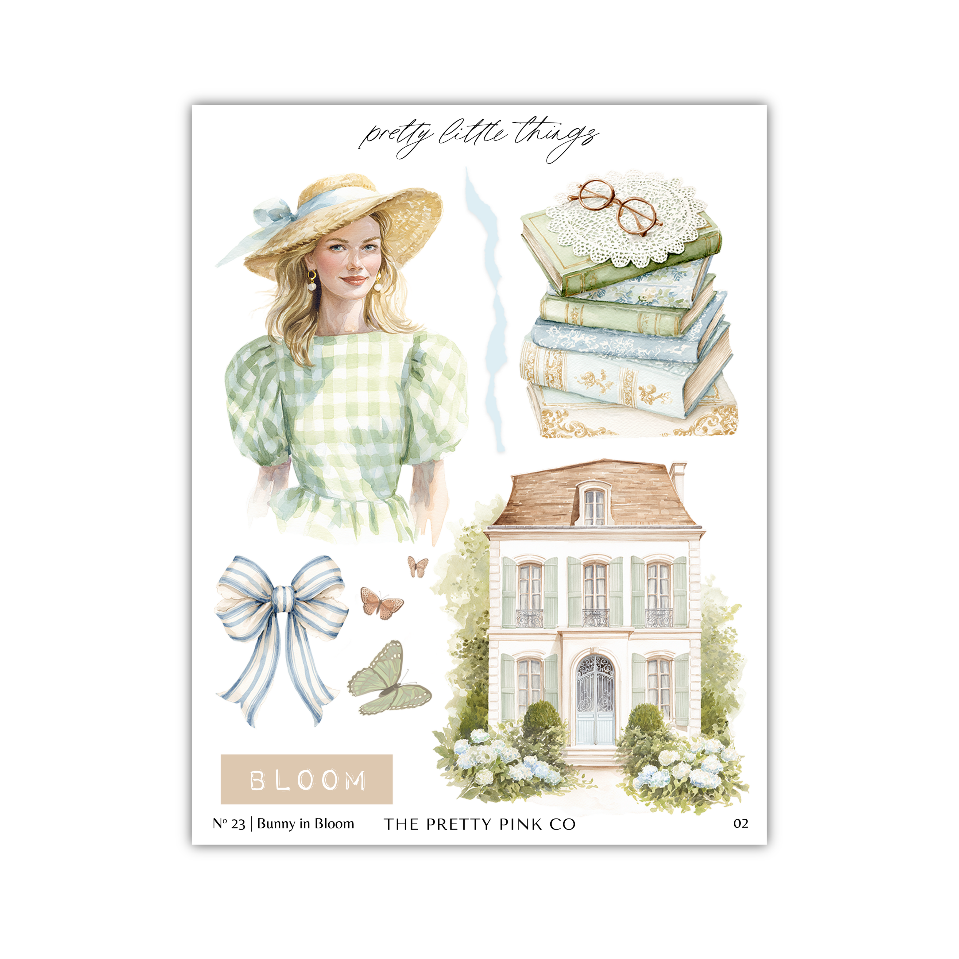 The image is a collage of various illustrations, including a woman in a green and white dress, a stack of books, a house, and a bow.