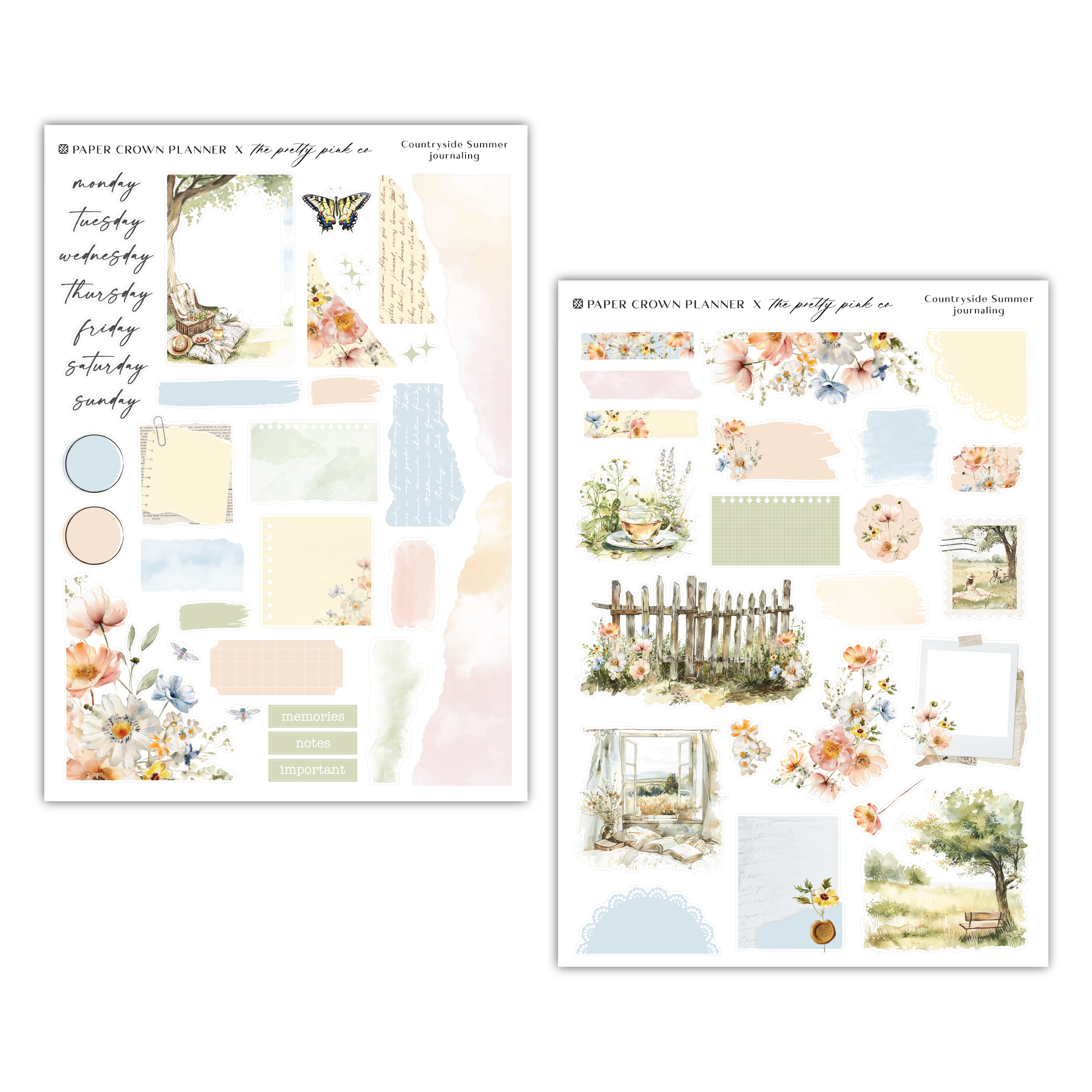 two sheets of paper with flowers and a fence
