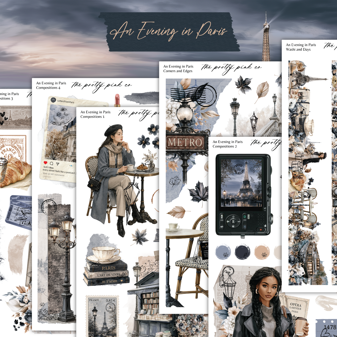 The image is a collage of various elements related to Paris, including a woman sitting at a table, a person taking a photo, and other Paris-themed items such as a book, a lamp, and a clock.