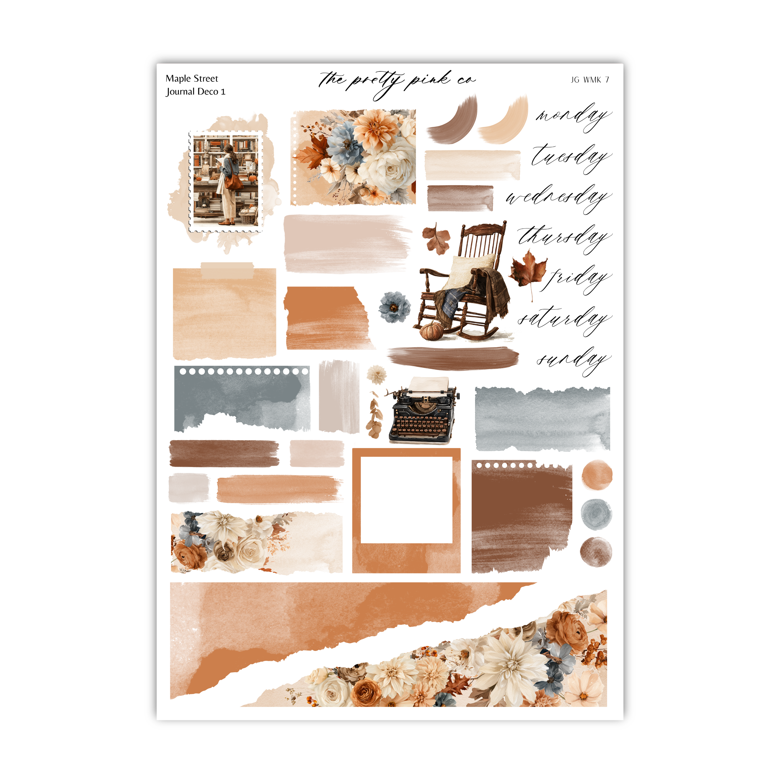 The image is a collage of various autumn-themed elements, including a rocking chair, flowers, leaves, and a typewriter. The collage is organized into different sections, each with its own color palette and design. The overall color scheme is a mix of warm tones, such as orange, brown, and beige, which are commonly associated with autumn. The collage appears to be a creative and visually appealing arrangement of these elements, possibly intended for use in a journal or other artistic project.