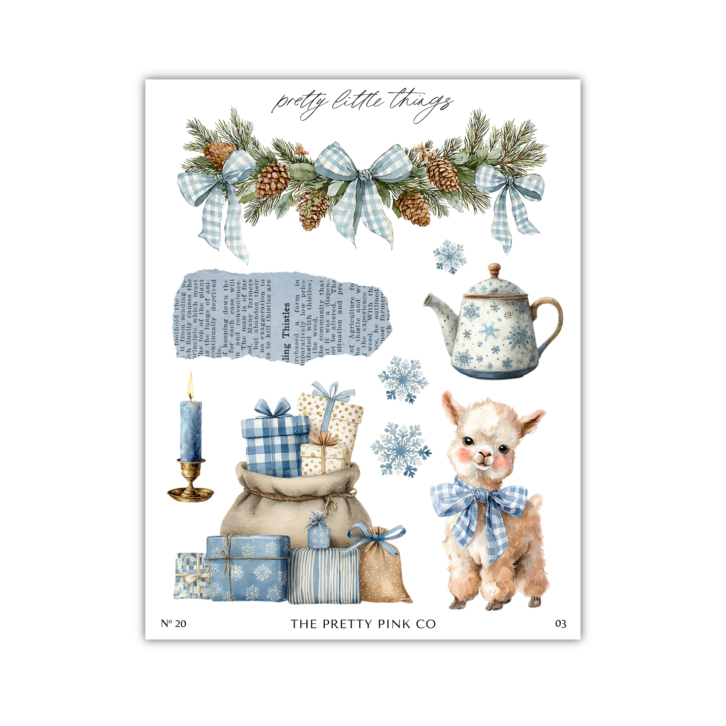 The image is a collage of various Christmas-themed items, including a pine tree, a teapot, presents, a candle, and a small lamb.